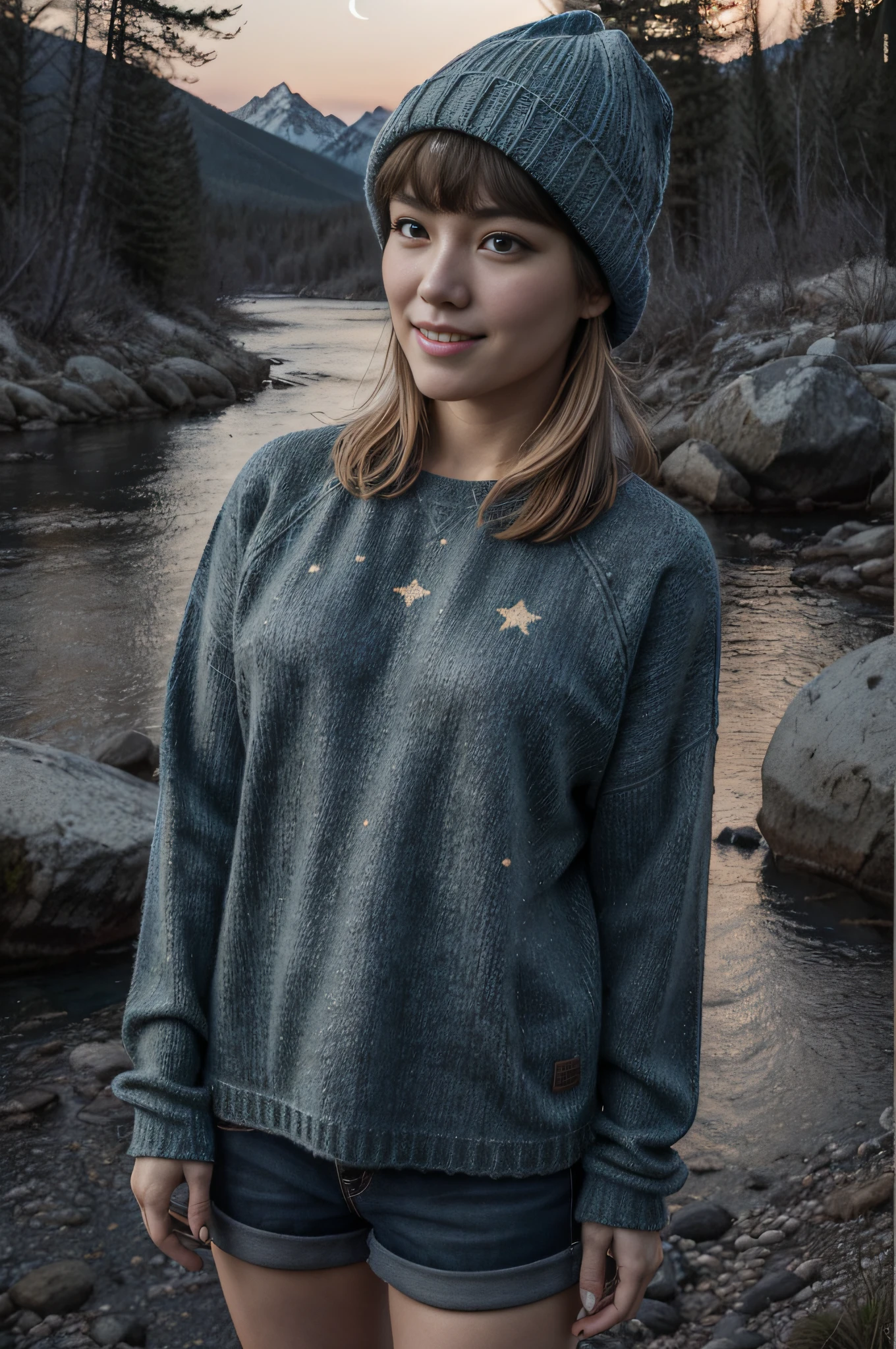 VeronicaCipher ((upper body selfie, happy)), masterpiece, best quality, ultra-detailed, solo, outdoors, (night), mountains, nature, (stars, moon) cheerful, happy, backpack, sleeping bag, camping stove, water bottle, mountain boots, gloves, sweater, hat, flashlight, forest, rocks, river, wood, smoke, shadows, contrast, clear sky, analog style (look at viewer:1.2) (skin texture) (film grain:1.3), (warm hue, warm tone) :1.2), close up, cinematic light, sidelighting, ultra high res, best shadow, RAW, upper body, , wearing pullover
kodak vision 3,