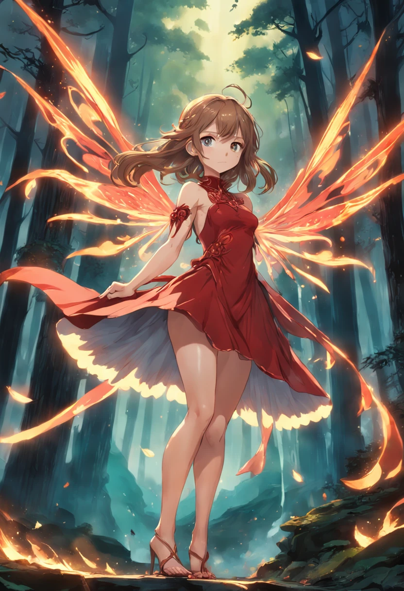 A Light Brown Hair Fairy in a Forest, wearing a Red dress, Perfect Body, Perfect face, Perfect hands, Perfect, Legs, In a City in Fire, detailed and Intrincicated, bioluminicense, HD