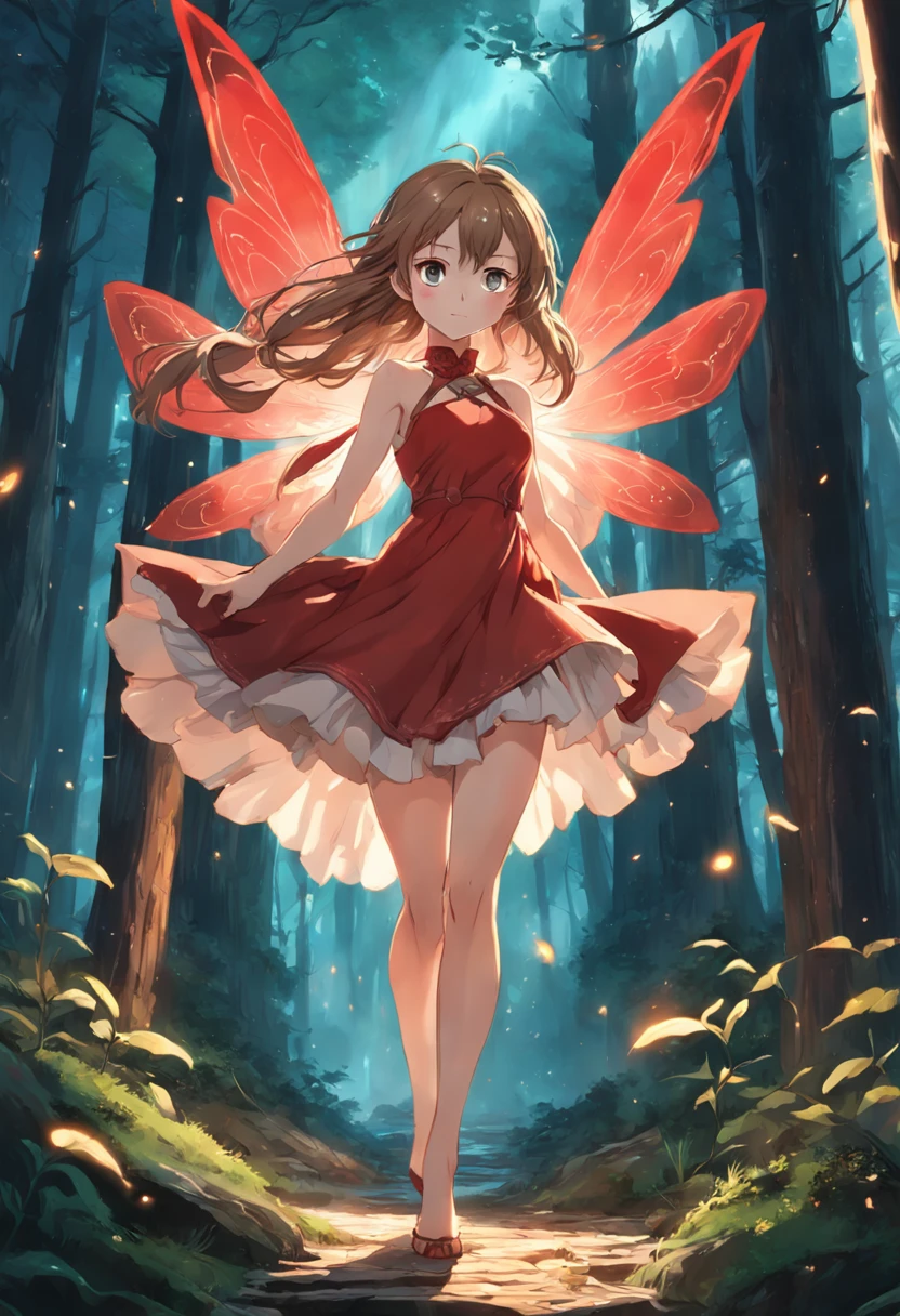 A Light Brown Hair Fairy in a Forest,  wearing a Red dress, Perfect Body, Perfect face, Perfect hands, Perfect, Legs, In a City in Fire, detailed and Intrincicated, bioluminicense, HD