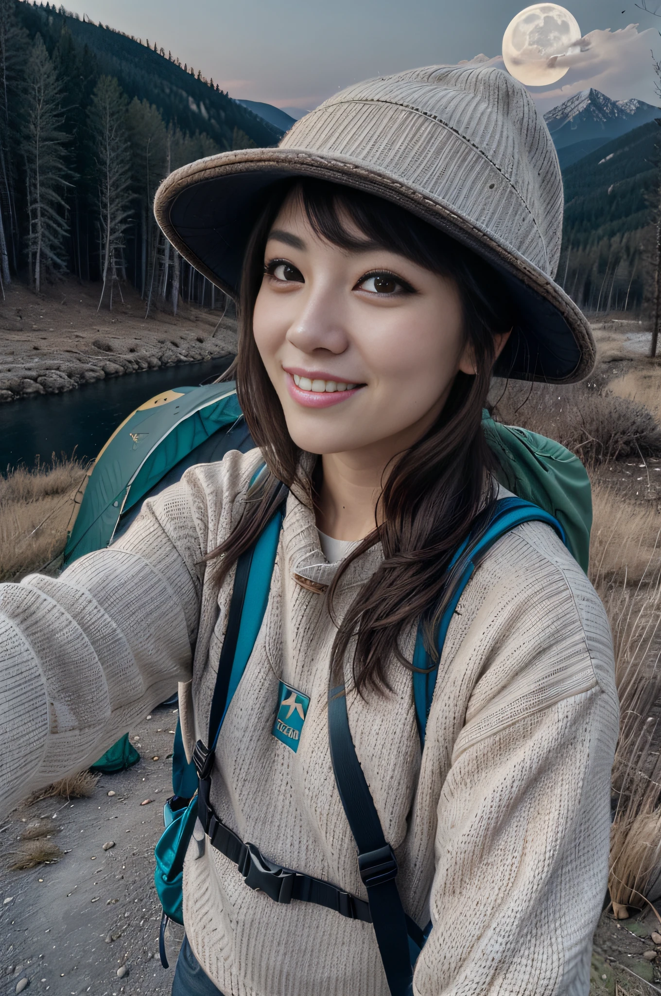 VeronicaCipher ((upper body selfie, happy)), masterpiece, best quality, ultra-detailed, solo, outdoors, (night), mountains, nature, (stars, moon) cheerful, happy, backpack, sleeping bag, camping stove, water bottle, mountain boots, gloves, sweater, hat, flashlight, forest, rocks, river, wood, smoke, shadows, contrast, clear sky, analog style (look at viewer:1.2) (skin texture) (film grain:1.3), (warm hue, warm tone) :1.2), close up, cinematic light, sidelighting, ultra high res, best shadow, RAW, upper body, , wearing pullover
kodak vision 3,