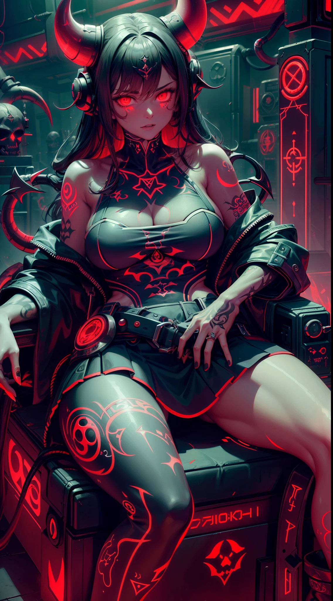 alta resolução, obra-prima, melhor qualidade, 1girl, demonictech, many tattoos, roupa futurista, skirt, sitting, detalhes neon, estilo cyberpunk neon, in the background a shadowy laboratory, pele finamente detalhada, seios enormes, pernas muito musculosas