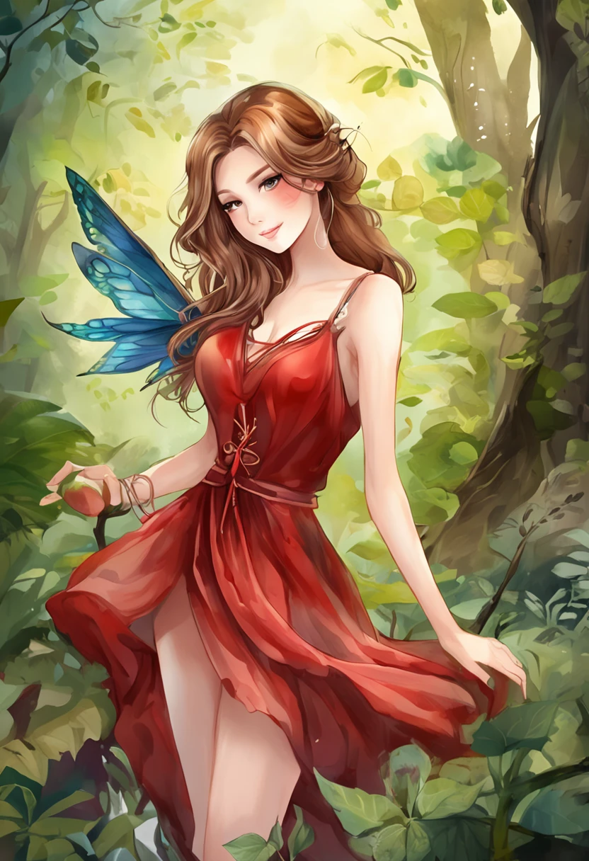 A Light Brown Hair Fairy in a Forest, wearing a Red dress, Perfect Body, Perfect face, Perfect hands, Perfect, Legs, In a City in Fire, detailed and Intrincicated, bioluminicense, HD