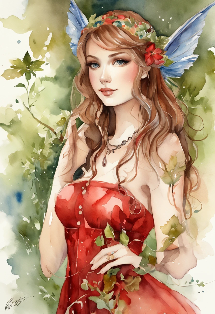 A Light Brown Hair Fairy in a Forest, wearing a Red dress, Perfect Body, Perfect face, Perfect hands, Perfect, Legs, In a City in Fire, detailed and Intrincicated, bioluminicense, HD