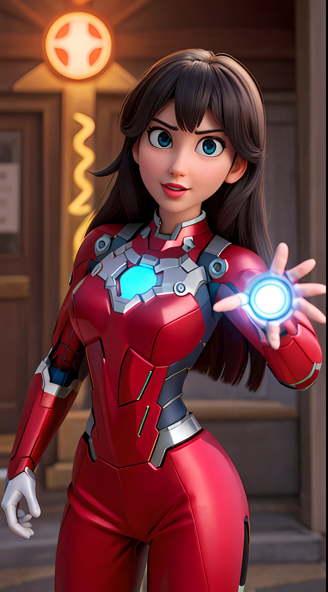 master part, best quality, intrincado, alta qualidade, Realistic, 1girl, Estilo Ironman, Nice iron girl, black hair, rabo de cavalo alto, diafragma, sexy, Nova Iorque, dynamic pose, Dynamic angle, belos olhos detalhados, Luminous arc reactor in the chest, potes de pimenta,