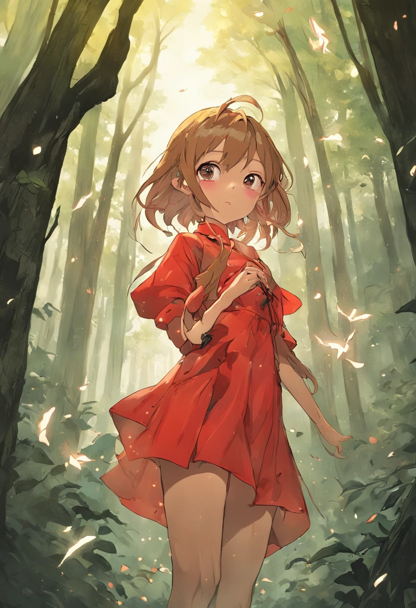 A Light Brown Hair Fairy in a Forest, wearing a Red dress, Perfect Body, Perfect face, Perfect hands, Perfect, Legs, In a City in Fire, detailed and Intrincicated, bioluminicense, HD