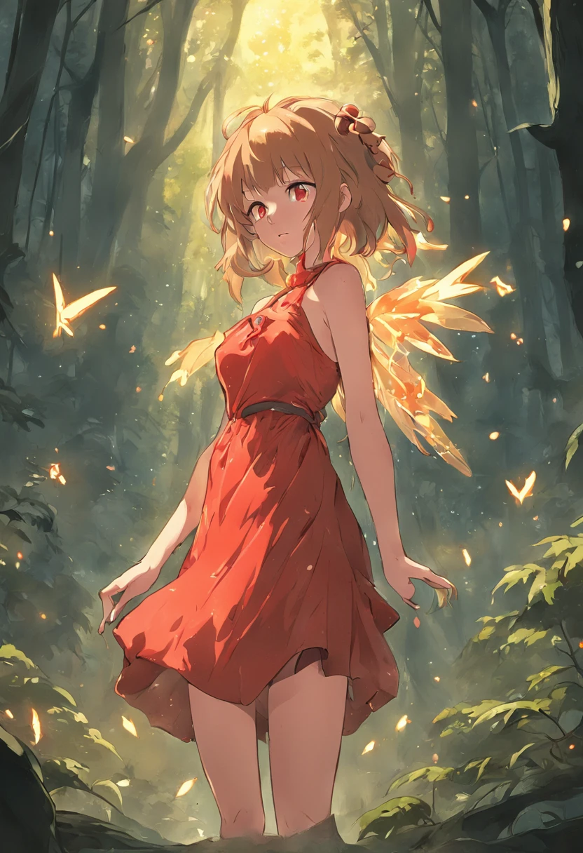 A Light Brown Hair Fairy in a Forest, wearing a Red dress, Perfect Body, Perfect face, Perfect hands, Perfect, Legs, In a City in Fire, detailed and Intrincicated, bioluminicense, HD