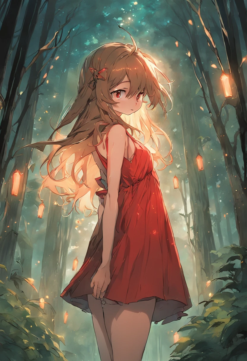 A Light Brown Hair Fairy in a Forest, wearing a Red dress, Perfect Body, Perfect face, Perfect hands, Perfect, Legs, In a City in Fire, detailed and Intrincicated, bioluminicense, HD