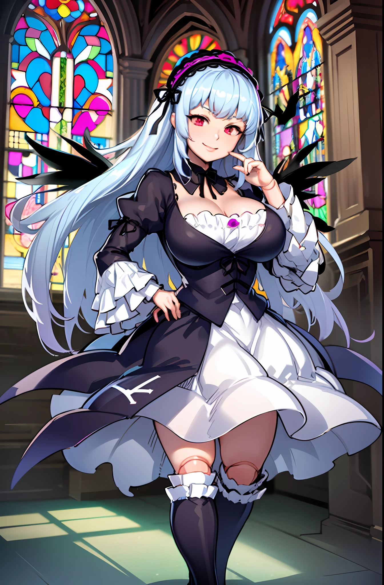 (masterpiece, best quality, detailed, highres), 1girl, solo, indoors, church, stained glass, window, sunlight, hand on hip, evil smile, from below, looking at viewer, suigintou, XXXXXX fashion, XXXXXX hairband, black dress, frills, black wings, knee boots, detached collar, cross, juliet sleeves, cross-laced dress, doll joints <lora:SuigintouV4_1-000014-, full body ,boots,hugebreast