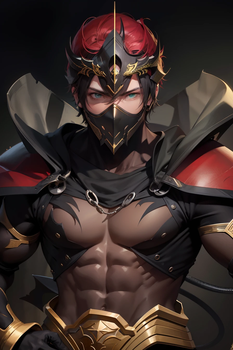 Attractive profile picture, masterpiece, ultra-precise rendering, beautiful and cool young man, trustworthy, dependable young man, savior of the world, simple design, most beautiful image, 4K, light green eyes, the color of the clothes is the same as the original, demon ninja, demon armor.