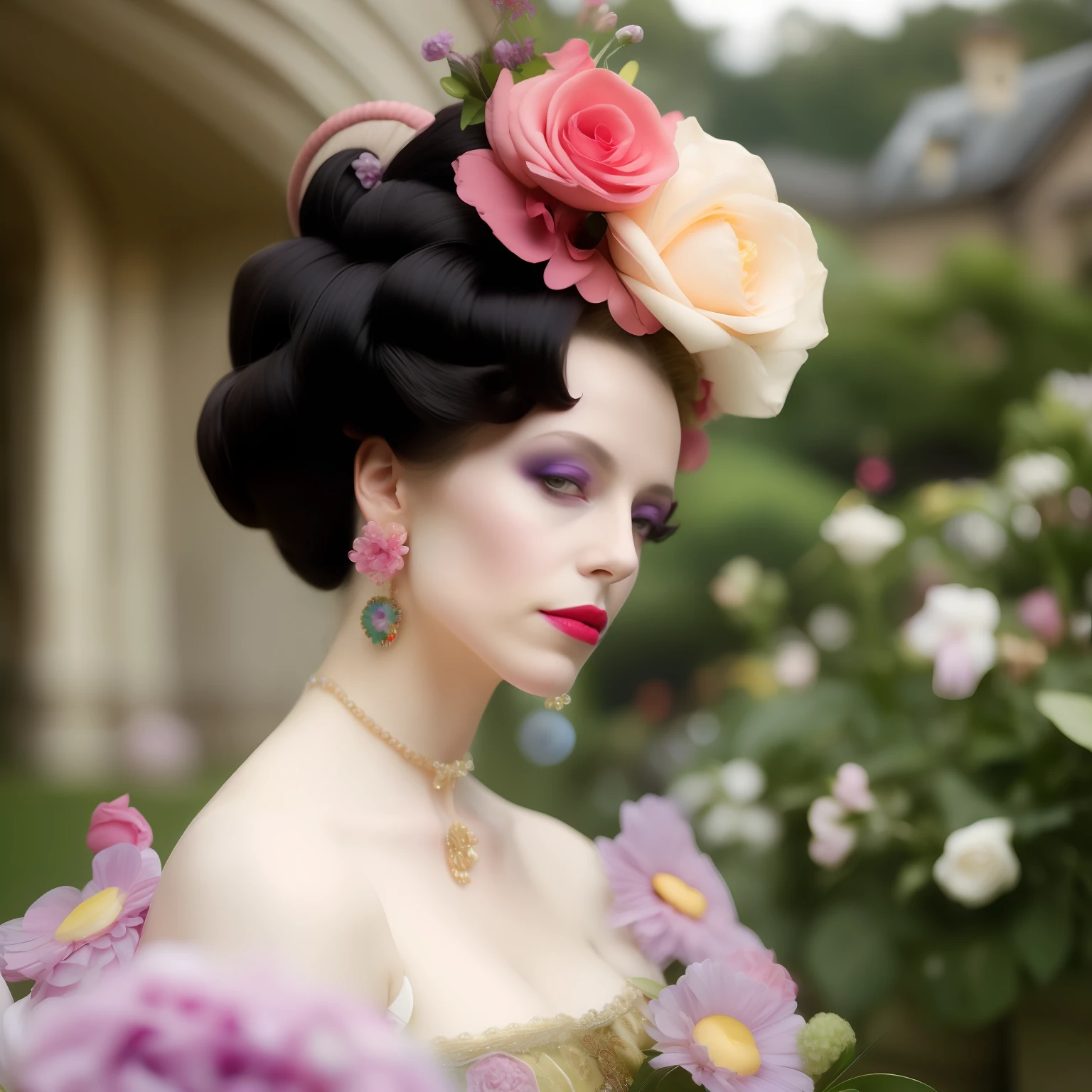 close - up regency solo photo Marie Antoinette with black poofy rococo hair wearing the colorful headpieces
and heavy makeup with delicate flowers drinking tea - themed party in the garden palace of versailles, with beautiful flowers, a portrait by Tim Walker showcases a glamorous guest, exuding elegance and sophistication, warmingly gazing. A shallow depth of field f/1.8 is used to isolate the subject from the opulent surroundings, drawing focus to the individual's captivating expression. The shutter speed is set at 1/100s and ISO 200, capturing a perfect balance of ambient and artificial light. Luxury, Flowers, candy colors pallet