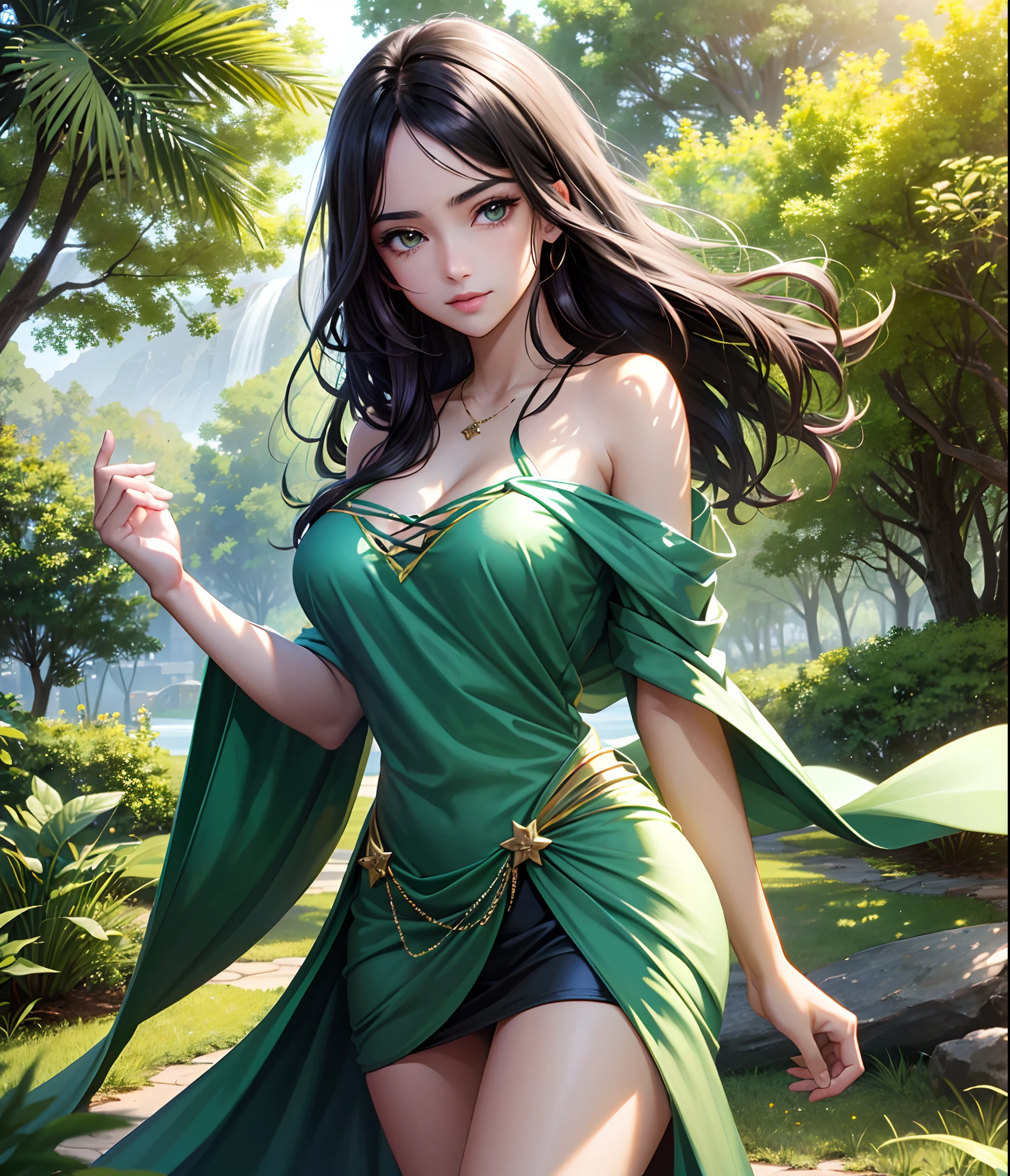 (((A young woman))), the anime, ( Green eyes), (black hair), Nice face, ssmile, the perfect body, Wavy Hair, hairlong, (((morena))), big breastes, ((tmasterpiece, beste-Qualit)), illustartion, ультра детализированная 8k, Photorealistic, sharp-focus, higly detailed, Professional lighting, colorful details, Rainbow colors, Glowing, intricate detials, Vivid details, Hippie style, Party in nature