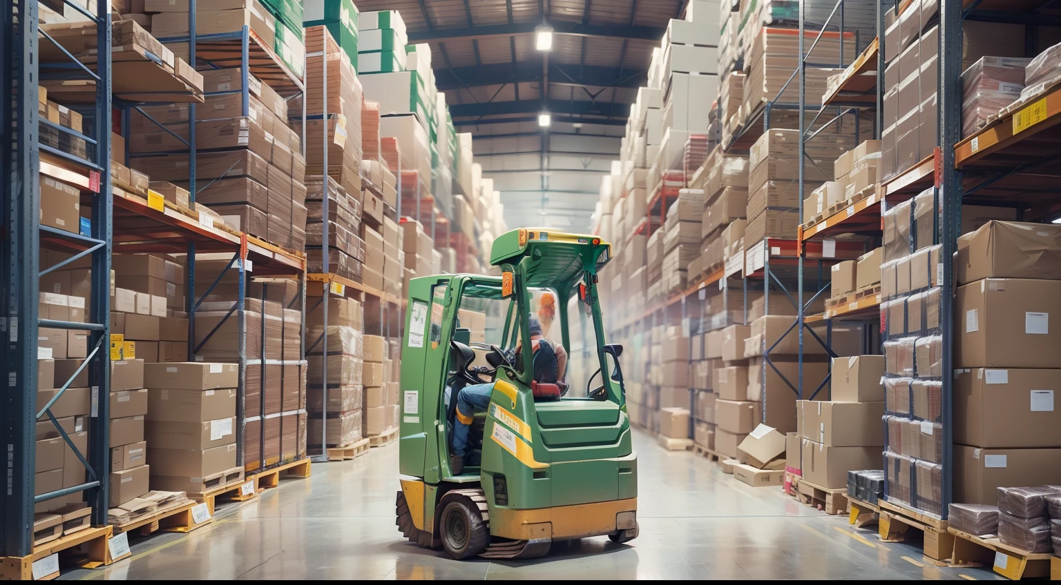 e-commerce, Large warehouse with large aisles with thousands of products stacked, many employees working on forklifts and people controlling inventories