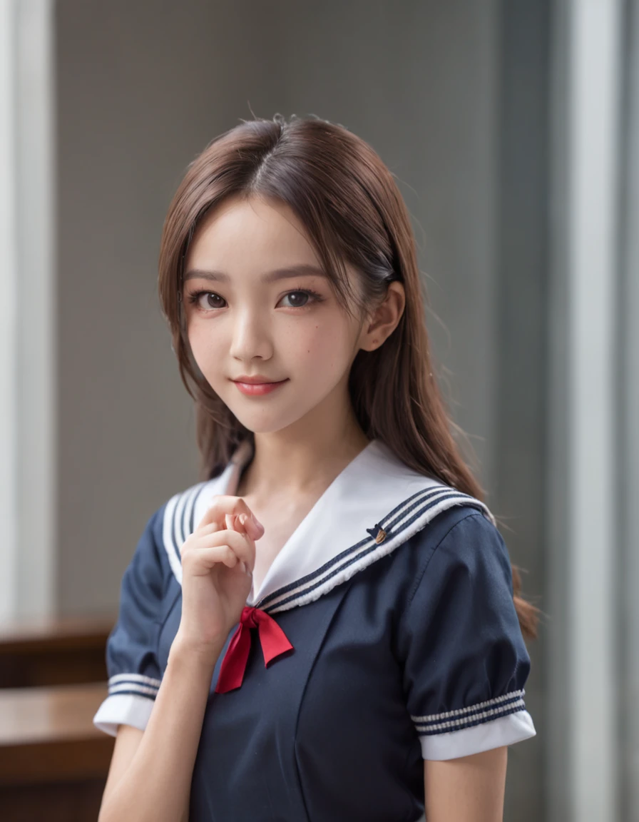 Slim body type woman、white short sleeve sailor uniform、Dark blue checked pleated skirt、a smile、Colossal tits、bangss、a junior high school student、Classroom、real looking skin、poneyTail