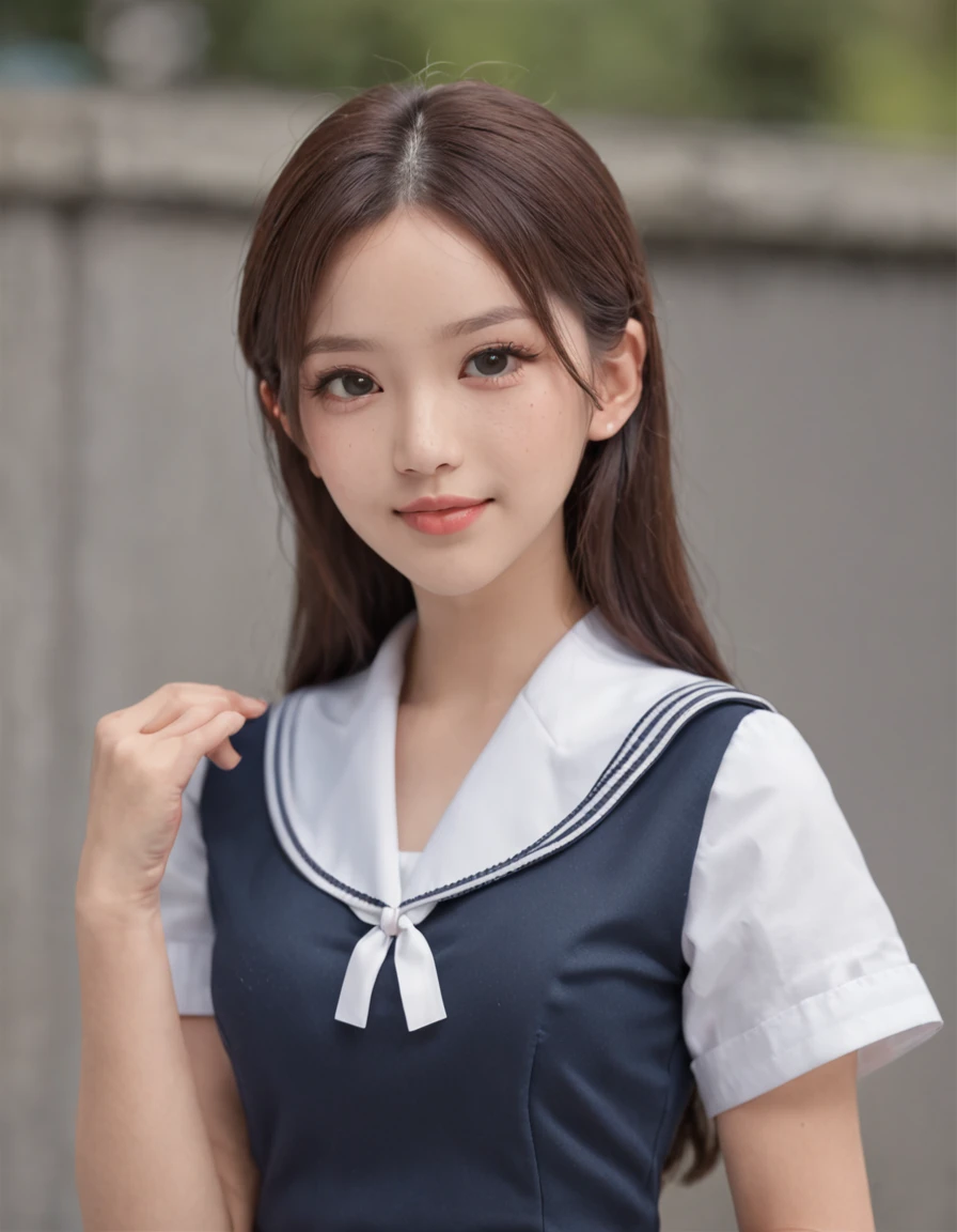 Slim body type woman、white short sleeve sailor uniform、Dark blue checked pleated skirt、a smile、Colossal tits、bangss、a 、Classroom、real looking skin、poneyTail