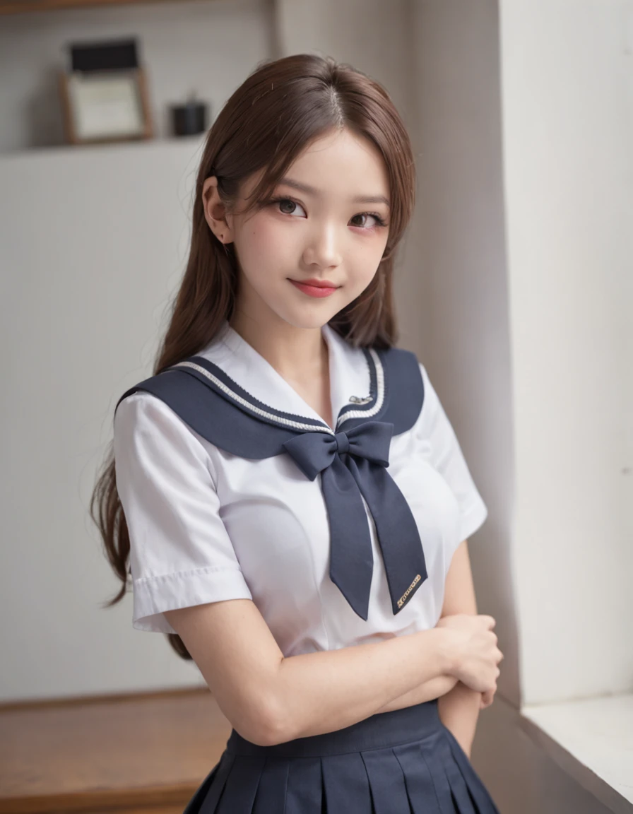 Slim body type woman、white short sleeve sailor uniform、Dark blue checked pleated skirt、a smile、Colossal tits、bangss、a 、Classroom、real looking skin、poneyTail