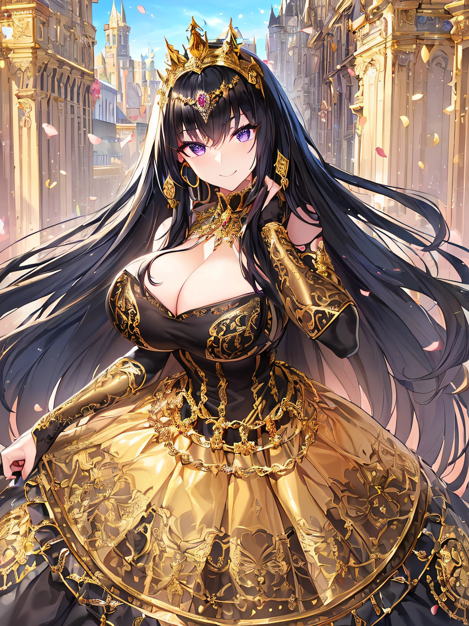 ((anime artstyle)),(Masterpiece),(Best Quality), (Super Detail),((Very Delicate and Beautiful)),(((Solo))),((full body portrait)),((1 arrogant queen in gorgeous black and gold rococo princess ballgown with voluminous full length hoop skirt),((crinoline)),gold trim,Long train,(dominant pose),arrogant,((haughty smile)),Sharp eyes,((standing in the square of the castle town,festival)),((outdoor)),sunlight,medieval main street,gorgeous gemstone jewelry,detailed face and eyes,jewel-like eyes,Purple eyes,(Bangs between eyes),((large amount of straight hair,extremely Long voluminous black Hair)),((gigantic tits,Long tits)),gorgeousfull embroidery,cleavage,extremely gorgeousfull hair ornament,(bling-bling extremely gorgeousfull jeweled tiara),gorgeous corsage,(Dynamic Angle),Looking at viewer,flower petals flowing,(((gorgeous black and gold rococo princess ballgown with voluminous full length hoop skirt)))