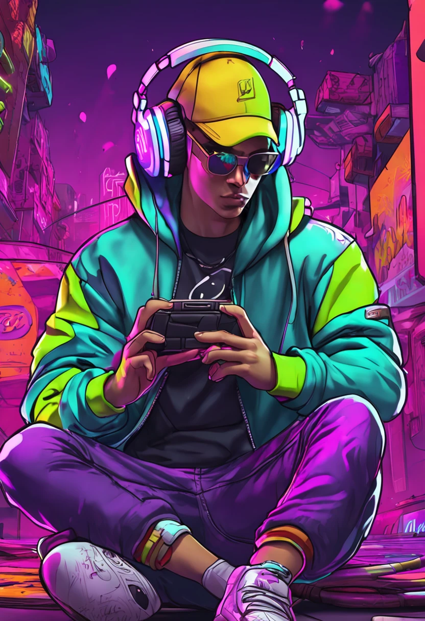 Foreground: a male instagram model posing playing vr games, Midground: amazing hoody with purple yellow colour, stylish green hair, Background: fluorescent graffiti of gaming elements, META gaming logos and game characters, gamingcore, neon colours, side lighting --ar 2:3 --s 150 --Photograph