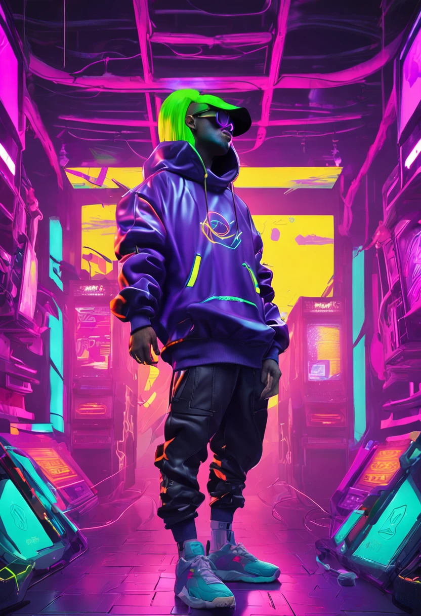 Foreground: a male instagram model posing playing vr games, Midground: amazing hoody with purple yellow colour, stylish green hair, Background: fluorescent graffiti of gaming elements, META gaming logos and game characters, gamingcore, neon colours, side lighting --ar 2:3 --s 150 --Photograph