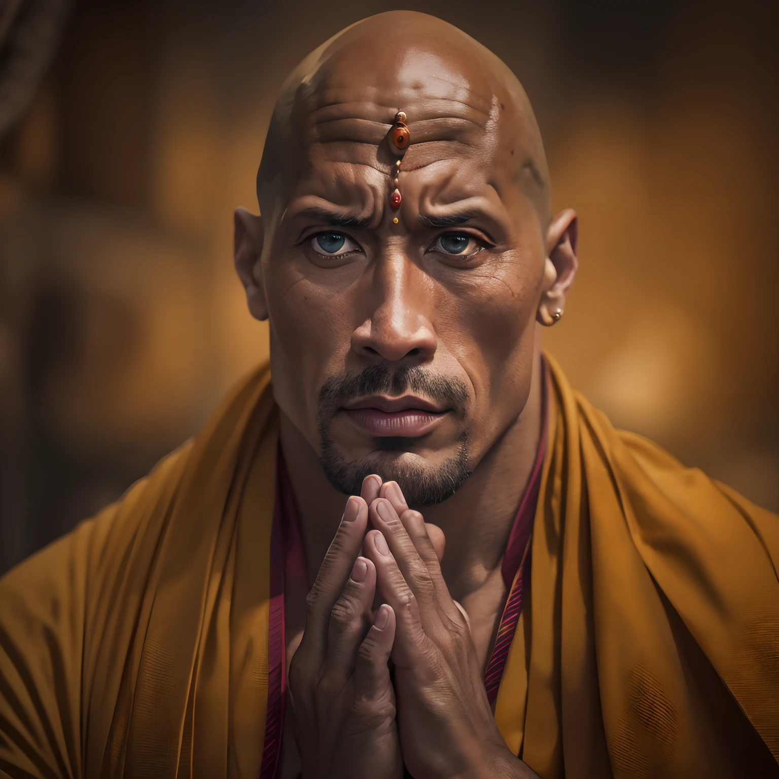 Dwayne Johnson, cinematic portrait photo of a very interesting Dwayne Johnson Wearing the saffron robes of a monk, Inspired by Sadhusant, Saffron clothes, Rudraksha beads, rudraksha in hand, folded hand, ghat of varanasi, eyes close up, highly detailed vfx portrait, taken with a full frame camera with a wild lens,