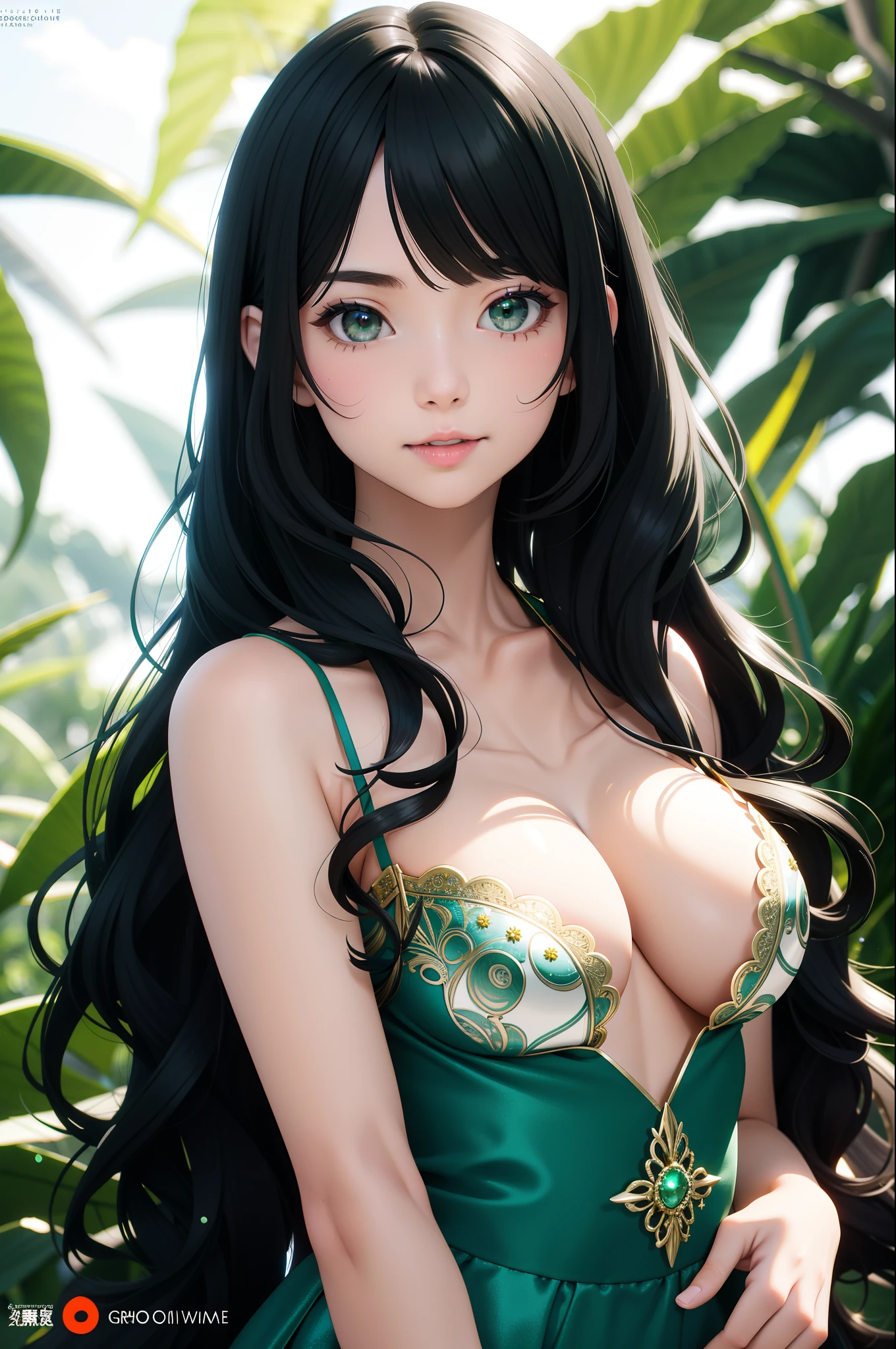 ((A young woman))), the anime, ( Green eyes), (black hair), Nice face, ssmile, the perfect body, Wavy Hair, hairlong, (((morena))), big breastes, ((tmasterpiece, beste-Qualit)), illustartion, ультра детализированная 8k, Photorealistic, sharp-focus, higly detailed, Professional lighting, colorful details, Rainbow colors, Glowing, intricate detials, Vivid details, Hippie style, Party in nature