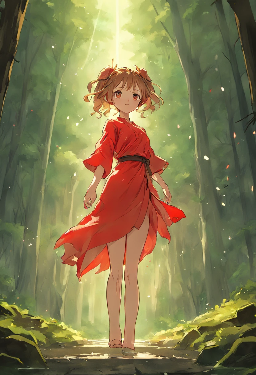 A Light Brown Hair Fairy in a Forest, wearing a Red dress, Perfect Body, Perfect face, Perfect hands, Perfect, Legs, In a City in Fire, detailed and Intrincicated, bioluminicense, HD