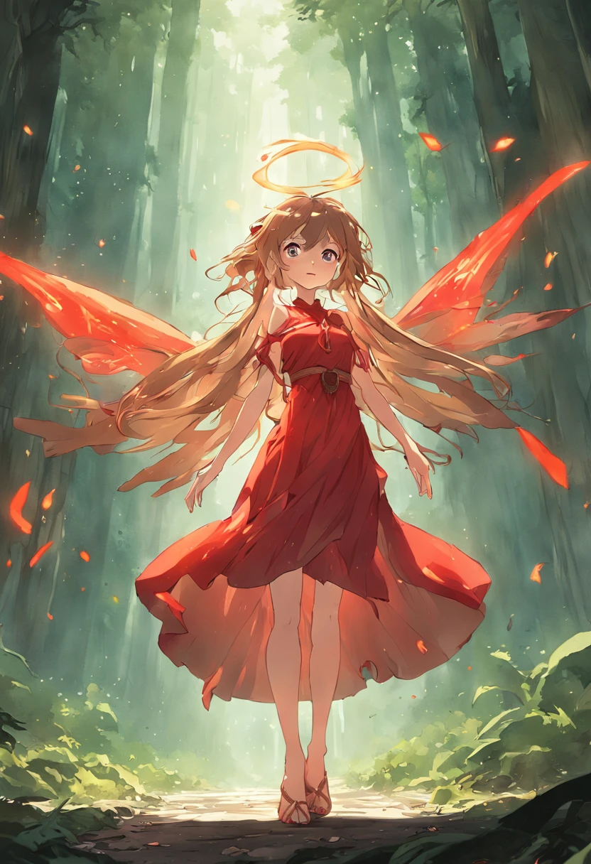 A Light Brown Hair Fairy in a Forest, wearing a Red dress, Perfect Body, Perfect face, Perfect hands, Perfect, Legs, In a City in Fire, detailed and Intrincicated, bioluminicense, HD