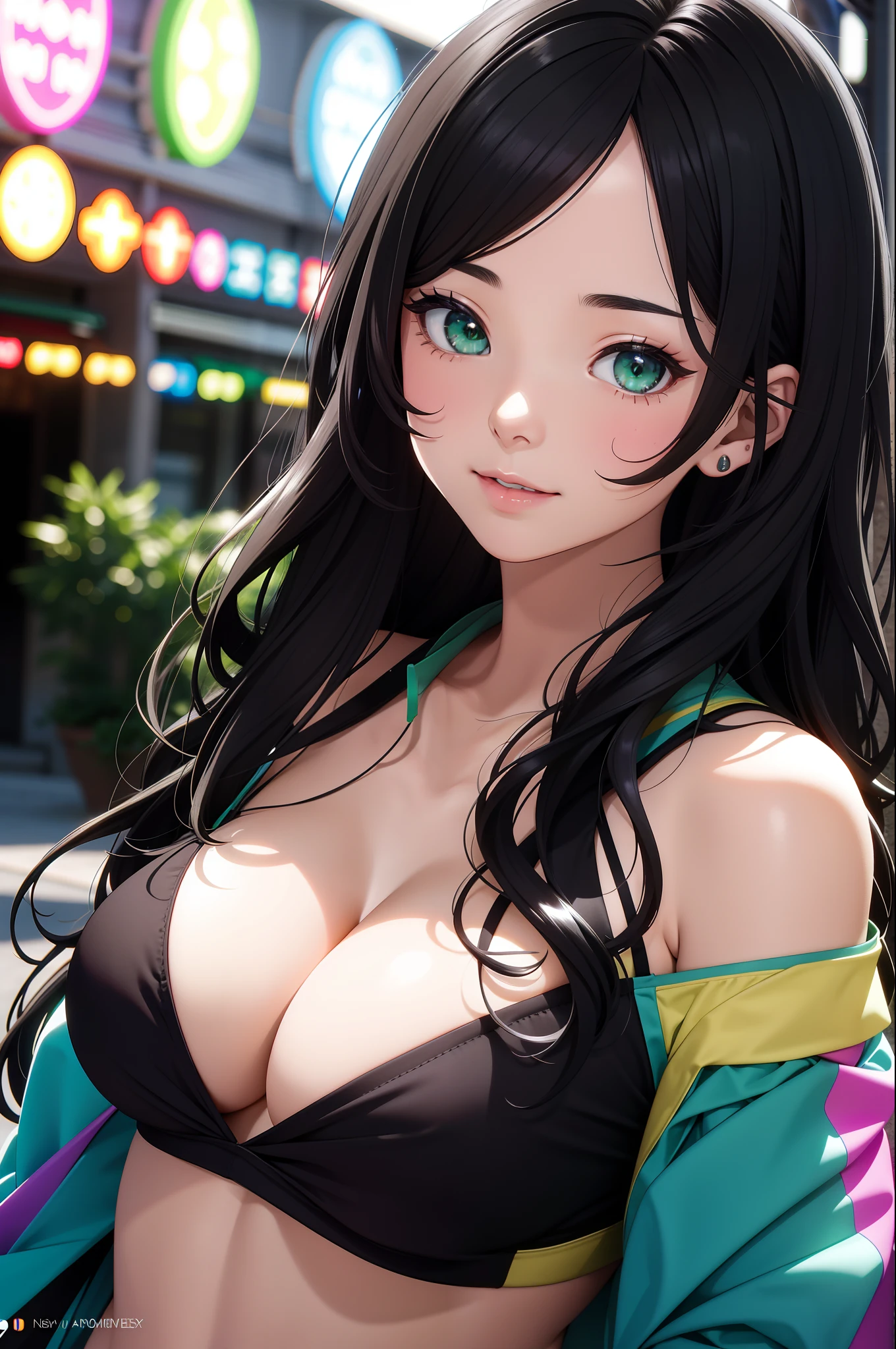 ((A young woman))), the anime, ( Green eyes), (black hair), Nice face, ssmile, the perfect body, Wavy Hair, hairlong, (((morena))), big breastes, ((tmasterpiece, beste-Qualit)), illustartion, ультра детализированная 8k, Photorealistic, sharp-focus, higly detailed, Professional lighting, colorful details, Rainbow colors, Glowing, intricate detials, Vivid details, Hippie style, Party in nature