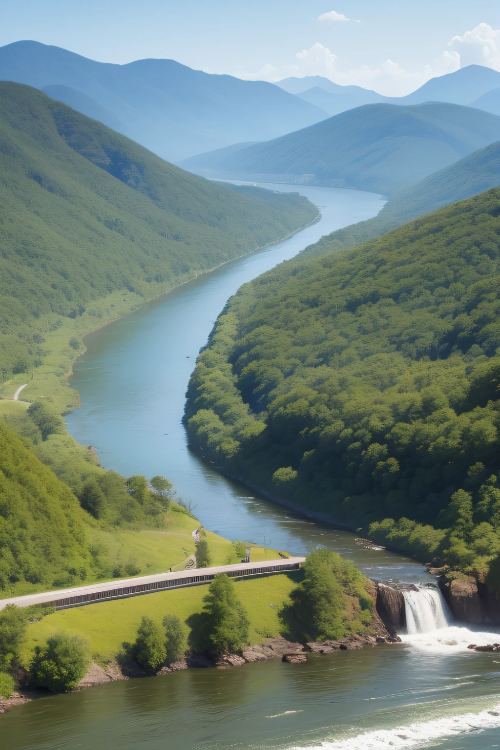 (great masterpiece、top-quality、high-level image quality)、Beautiful mountain ranges、Big rivers、river stream、crystal clear skies、Strong sunlight、Spiritual Power、Spiritual Love、Lively、Great Spirit、altruism、brown bear、River fish、The eagle flies away、(Spiritual Natural World)、