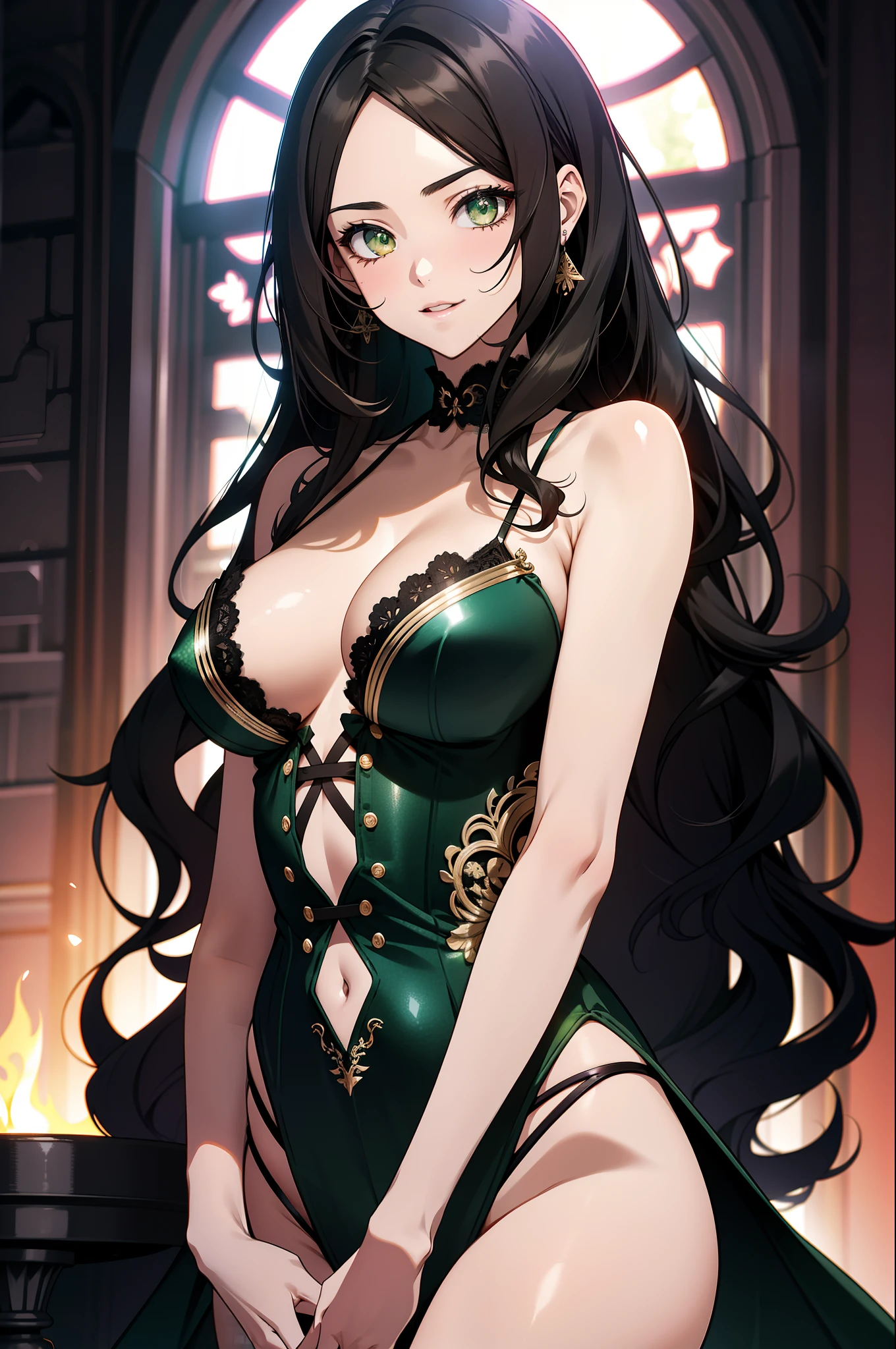 ((A young woman))), the anime, ( Green eyes), (black hair), Nice face, ssmile, the perfect body, Wavy Hair, hairlong, (((morena))), big breastes, ((tmasterpiece, beste-Qualit)), illustartion, ультра детализированная 8k, Photorealistic, sharp-focus, higly detailed, Professional lighting, colorful details, Rainbow colors, Glowing, intricate detials, Vivid details, Hippie style, Party in nature