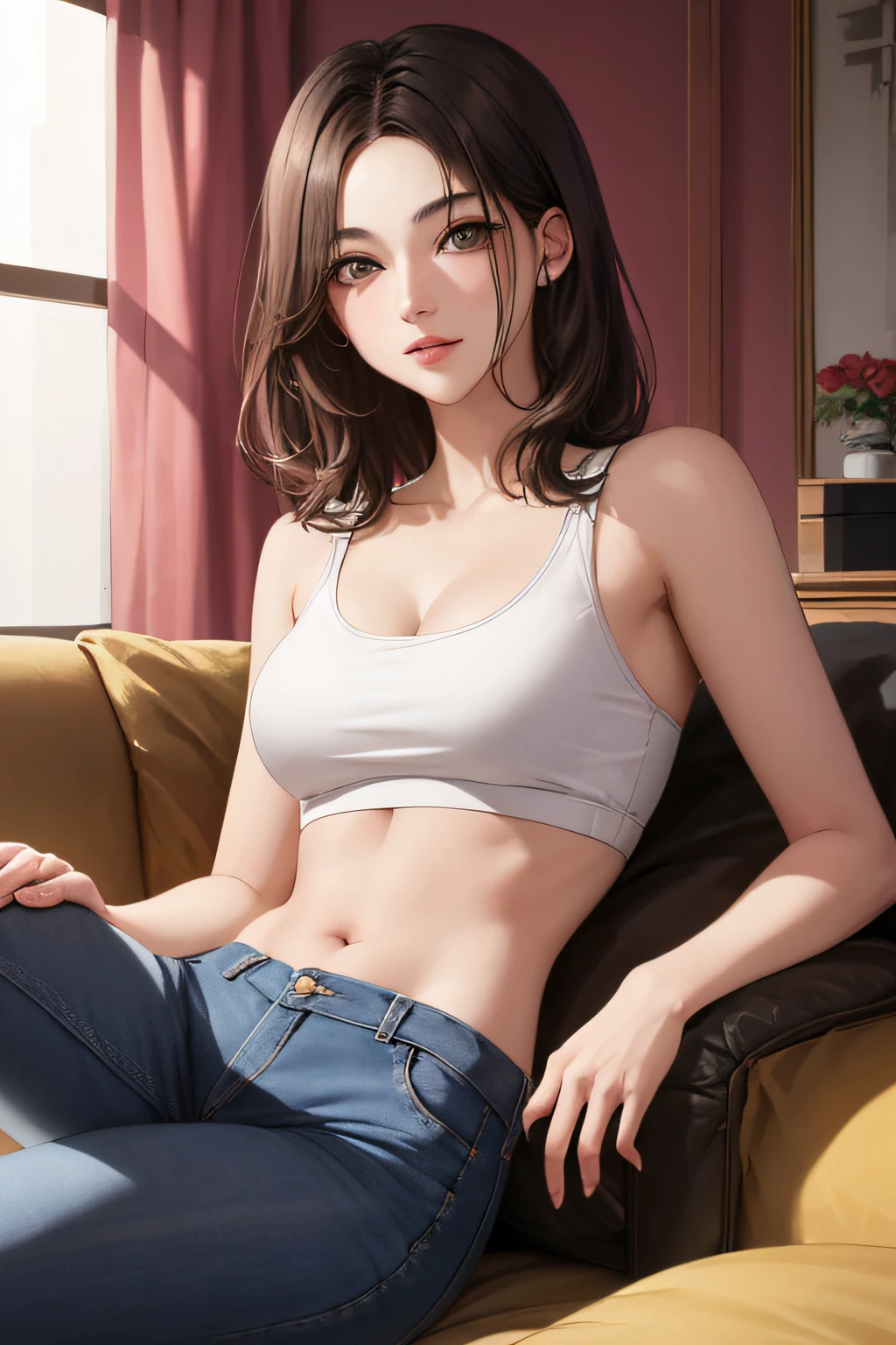 ((cinematiclight, Melhor Qualidade, 8K, Obra-Prima :1.3)), 1girl, Mulher bonita com abdominais finos :1.4, (Ted cabelo branco, seios grandes :1.3), sem calcinha , no-bra :1.2, tomara que caia, seductive open lips, sofa, rosto ultra-detalhado, olhos detalhados, 二重まぶた, hands holding breasts, material de meias
