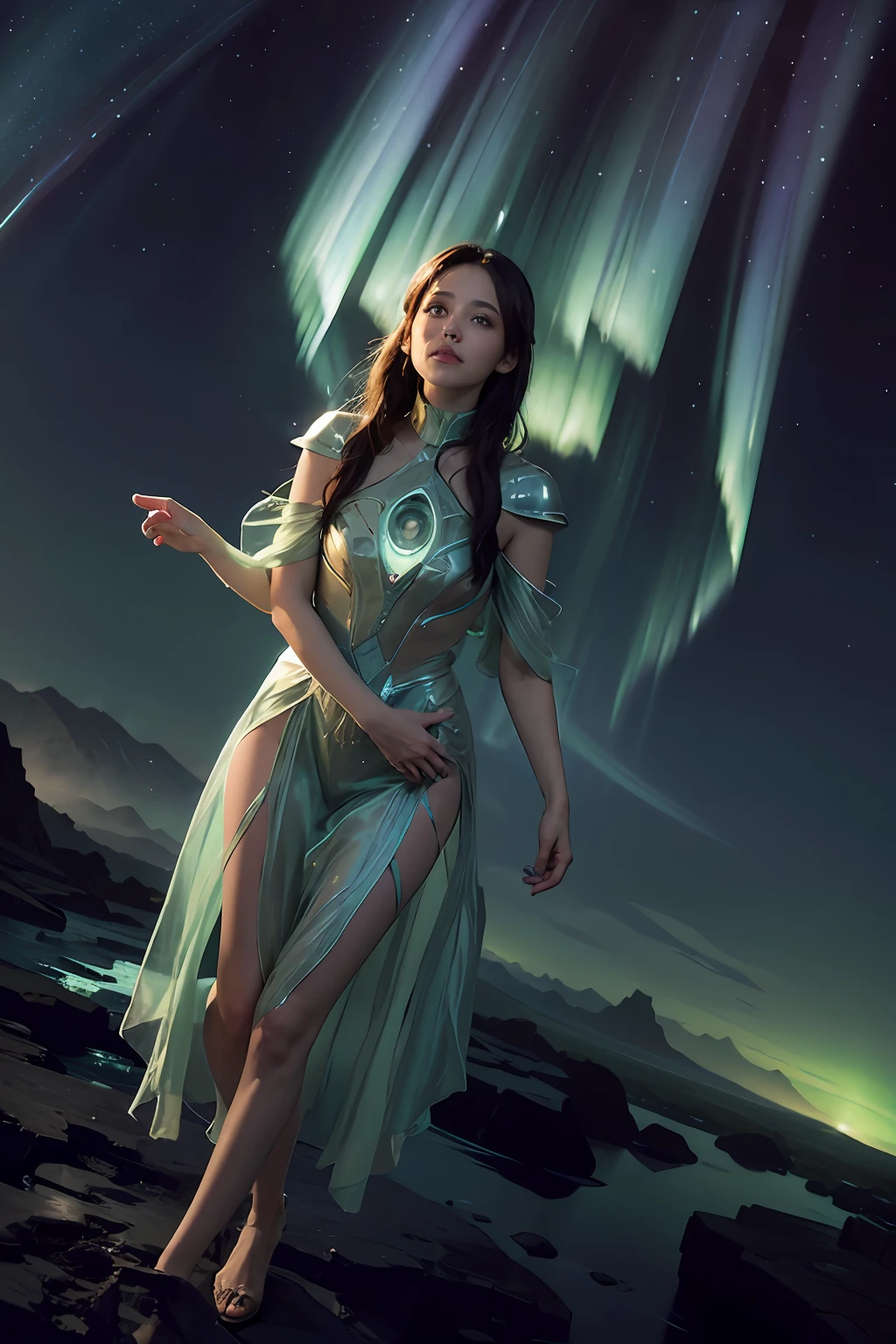 Background: Night sky with dancing aurora borealis over alien mountains with floating peaks
Theme: Futuristic and Transcended Space Exploration
Composition: Wide perspective showing spacecraft ascending from the mountains toward the auroras, pequenos detalhes surreais no primeiro plano
Paleta de cores: Tons de roxo, azul, green and amber in the auroras; Silver nave reflecting the lights
Aesthetic: Atmospheric, scifi, fantasy
Overlay: Ethereal Sparkles, rastros luminosos da nave, efeitos de lente