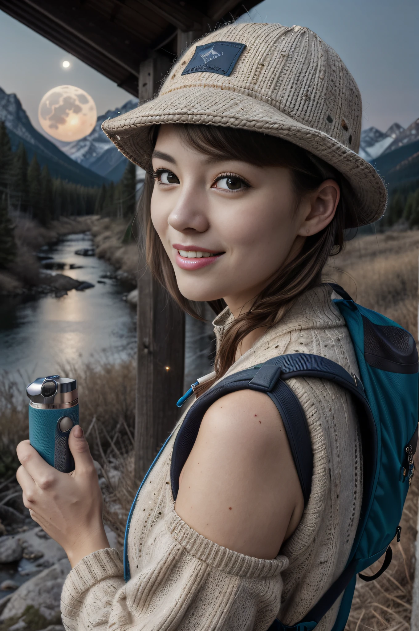 VeronicaCipher ((upper body selfie, happy)), masterpiece, best quality, ultra-detailed, solo, outdoors, (night), mountains, nature, (stars, moon) cheerful, happy, backpack, sleeping bag, camping stove, water bottle, mountain boots, gloves, sweater, hat, flashlight, forest, rocks, river, wood, smoke, shadows, contrast, clear sky, analog style (look at viewer:1.2) (skin texture) (film grain:1.3), (warm hue, warm tone) :1.2), close up, cinematic light, sidelighting, ultra high res, best shadow, RAW, upper body, , wearing pullover
kodak vision 3,