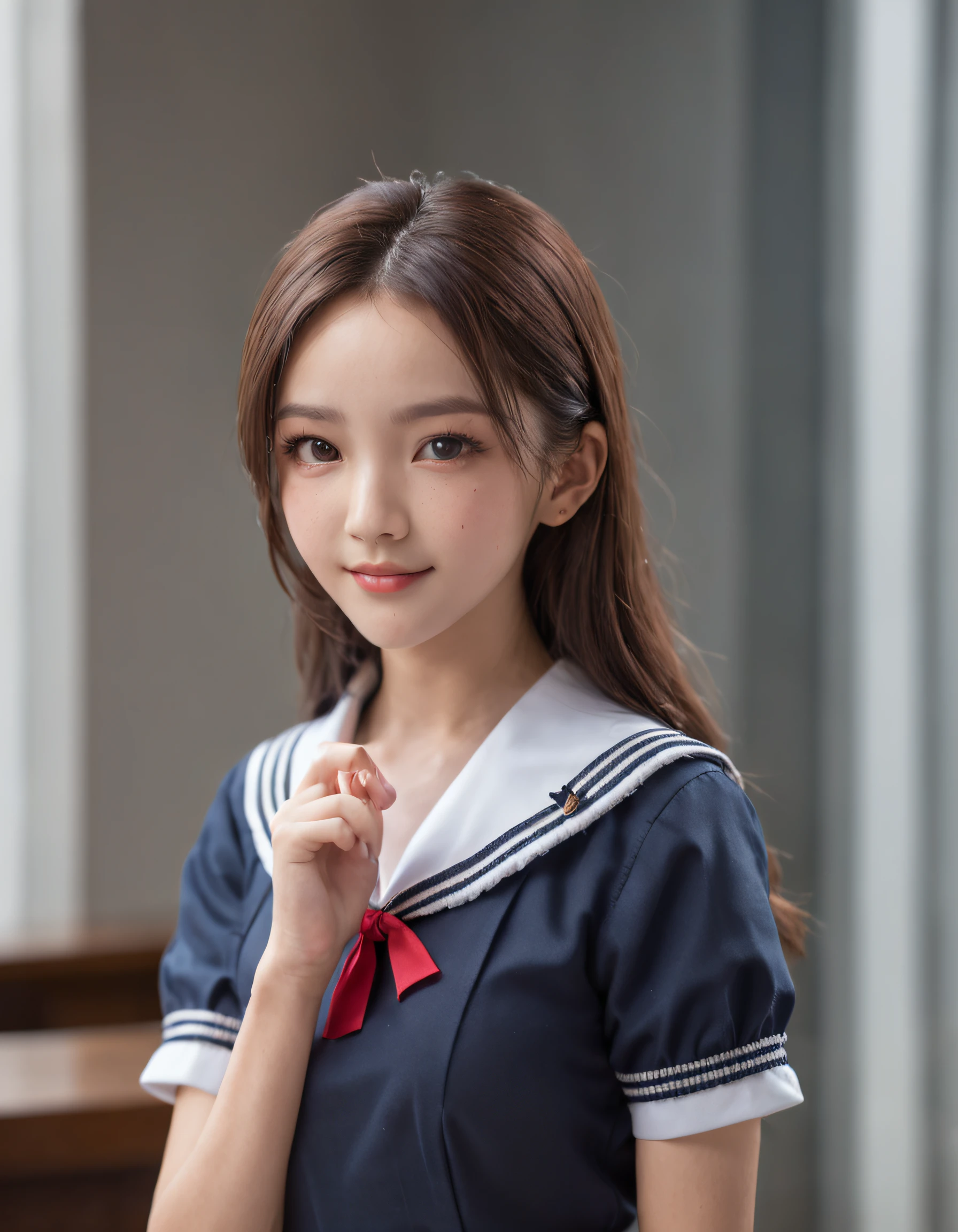 Slim body type woman、white short sleeve sailor uniform、Dark blue checked pleated skirt、a smile、Colossal tits、bangss、a 、Classroom、real looking skin、poneyTail