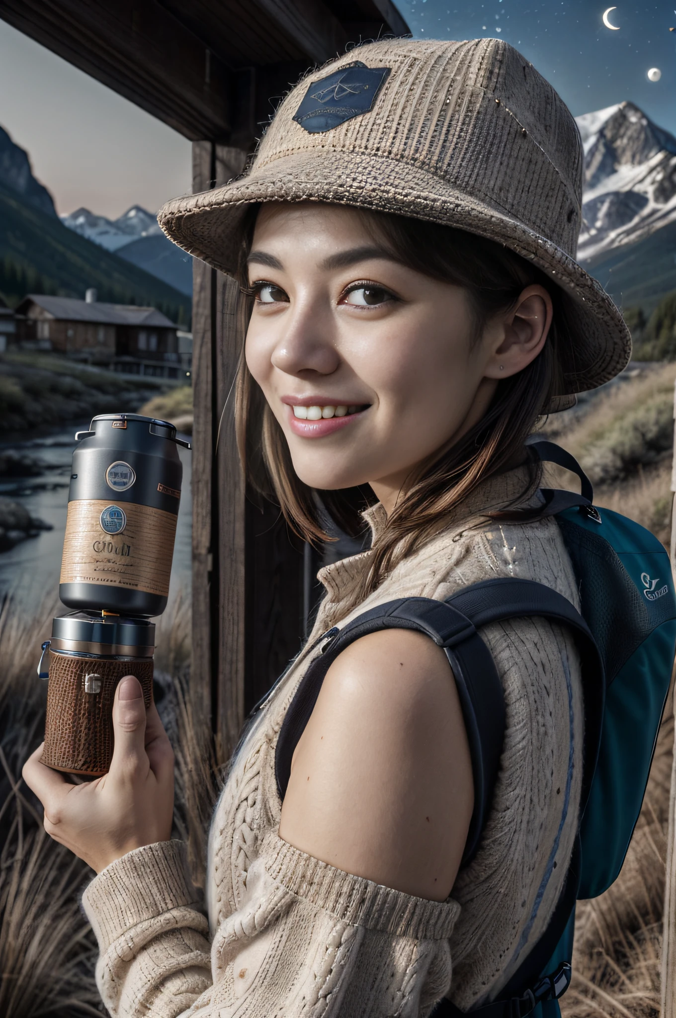VeronicaCipher ((upper body selfie, happy)), masterpiece, best quality, ultra-detailed, solo, outdoors, (night), mountains, nature, (stars, moon) cheerful, happy, backpack, sleeping bag, camping stove, water bottle, mountain boots, gloves, sweater, hat, flashlight, forest, rocks, river, wood, smoke, shadows, contrast, clear sky, analog style (look at viewer:1.2) (skin texture) (film grain:1.3), (warm hue, warm tone) :1.2), close up, cinematic light, sidelighting, ultra high res, best shadow, RAW, upper body, , wearing pullover
kodak vision 3,