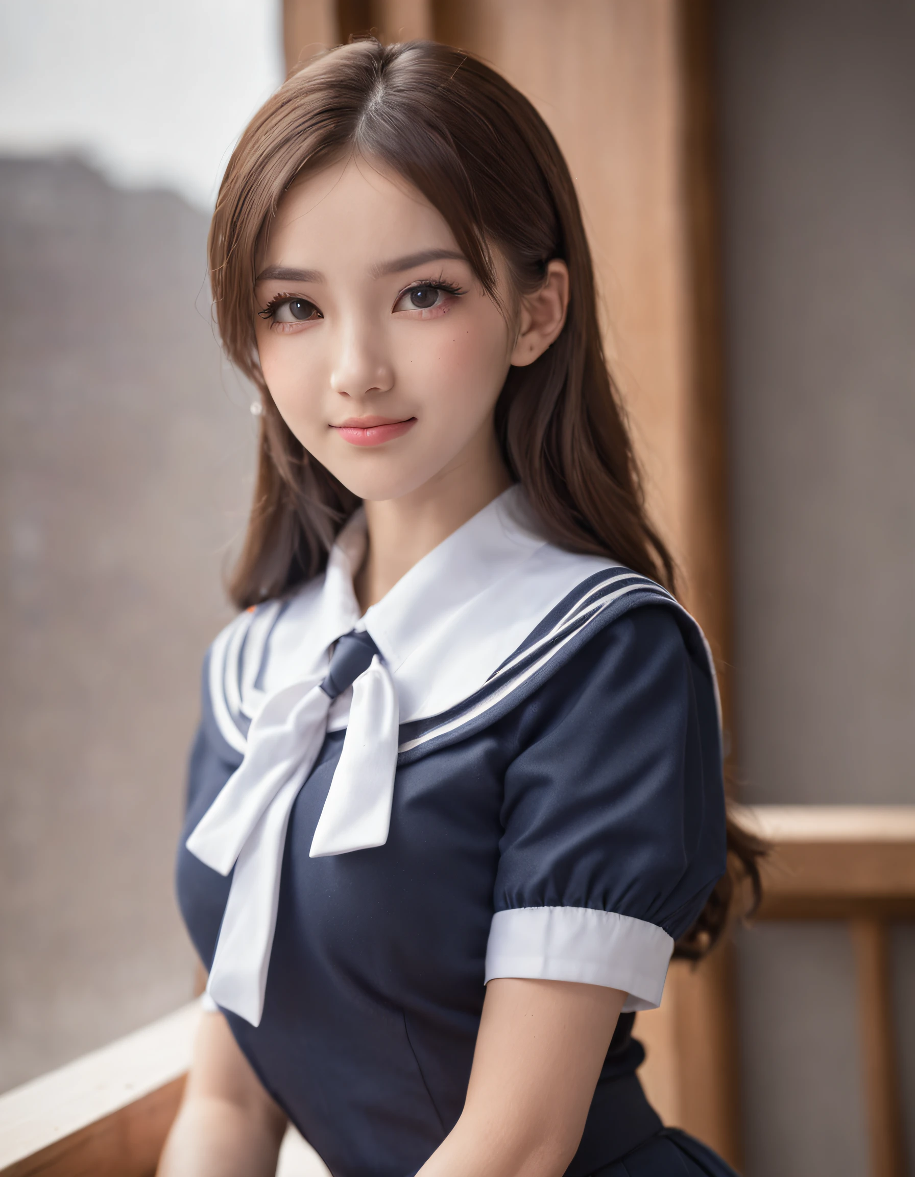 Slim body type woman、white short sleeve sailor uniform、Dark blue checked pleated skirt、a smile、Colossal tits、bangss、a 、Classroom、real looking skin、poneyTail