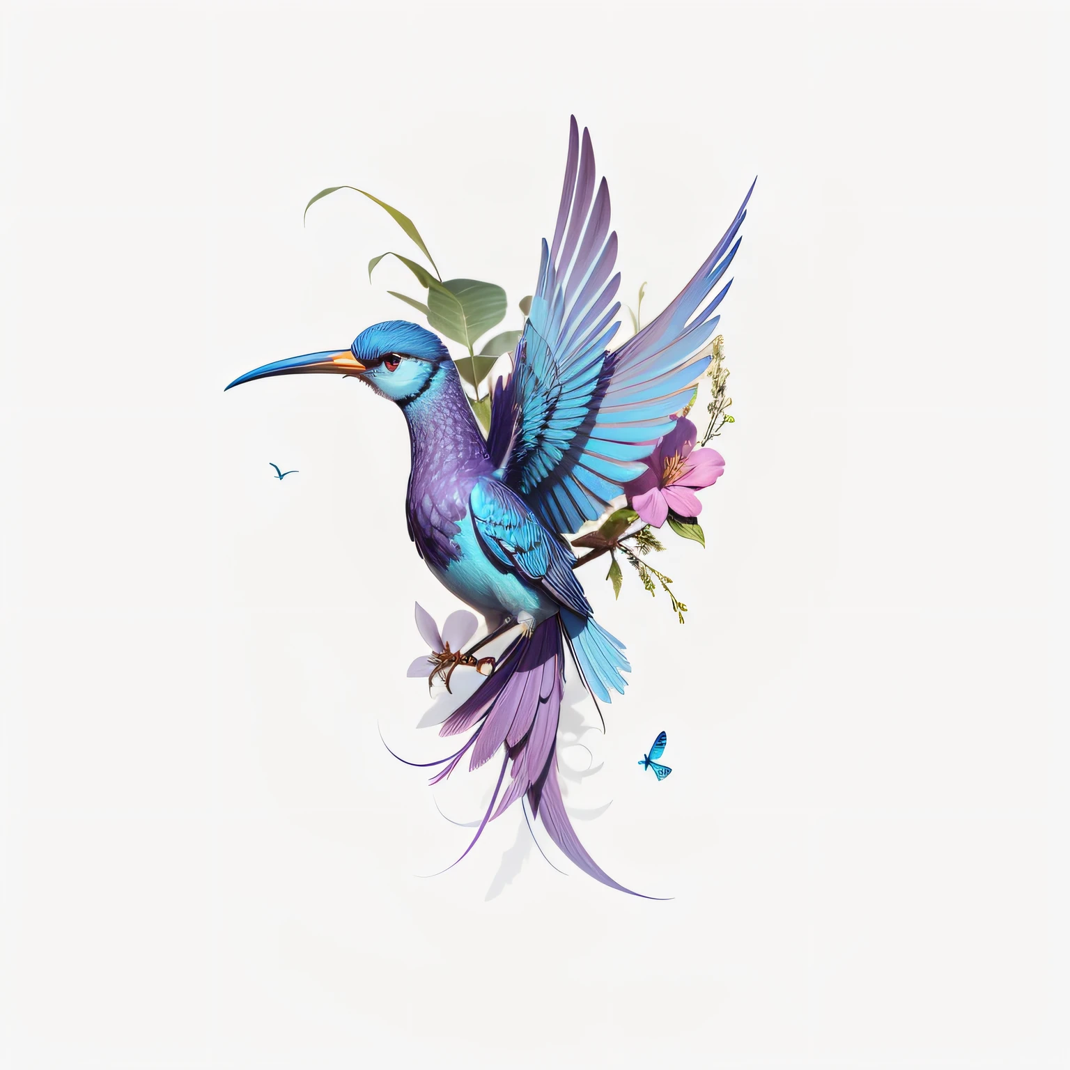 a bird, um beija-flor realista em estilo de desenho animado 3D, com um bico fino e comprido, uma textura brilhante em tons de azul e roxo, arte digital, extremamente real.