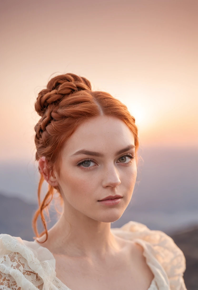 A beautiful young and beautiful attractive girl with ginger braided hair in a bun wearing glamorous makeup, watching the sunset in Santorini, Greece. looking at the camera, Meio Corpo, fotorrealista