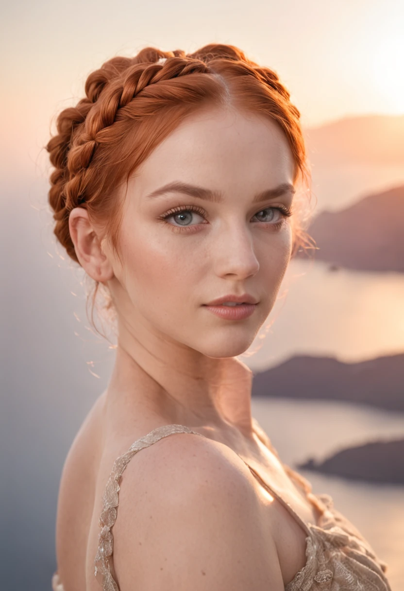A beautiful young and beautiful attractive girl with ginger braided hair in a bun wearing glamorous makeup, watching the sunset in Santorini, Greece. looking at the camera, Meio Corpo, fotorrealista