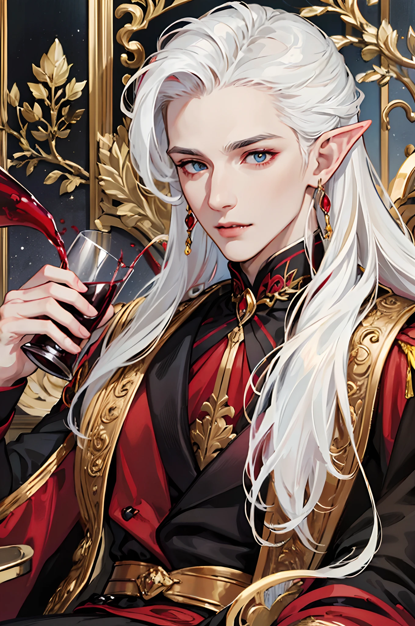 Best quality, Masterpiece, a very handsome male vampire offering you a ((cup of blood in a wine cup)), first person, the vampire has red glowing iris, ultra pale skin tone, he has long flowing white hair, wearing golden earrings in his long elf-ears, elegantly dressed in black and red with a lot of gold detailing and swirls in a rococo fashion, seducing gaze, portrait, elegant and ultra detailed background of his gothic mansion