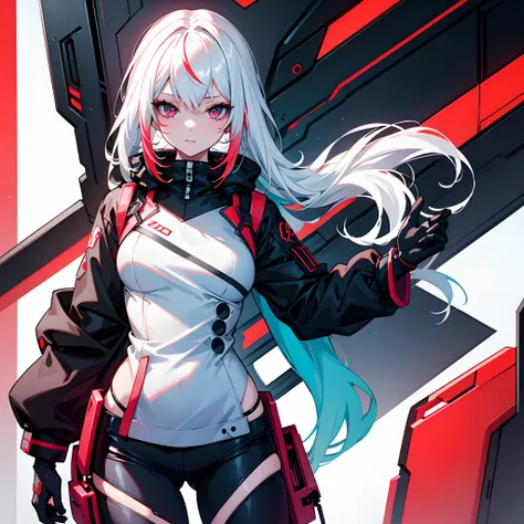 vivid and colorful colors，white-haired girl，raised sexy，cyber punk character，red color eyes ， delicate lines