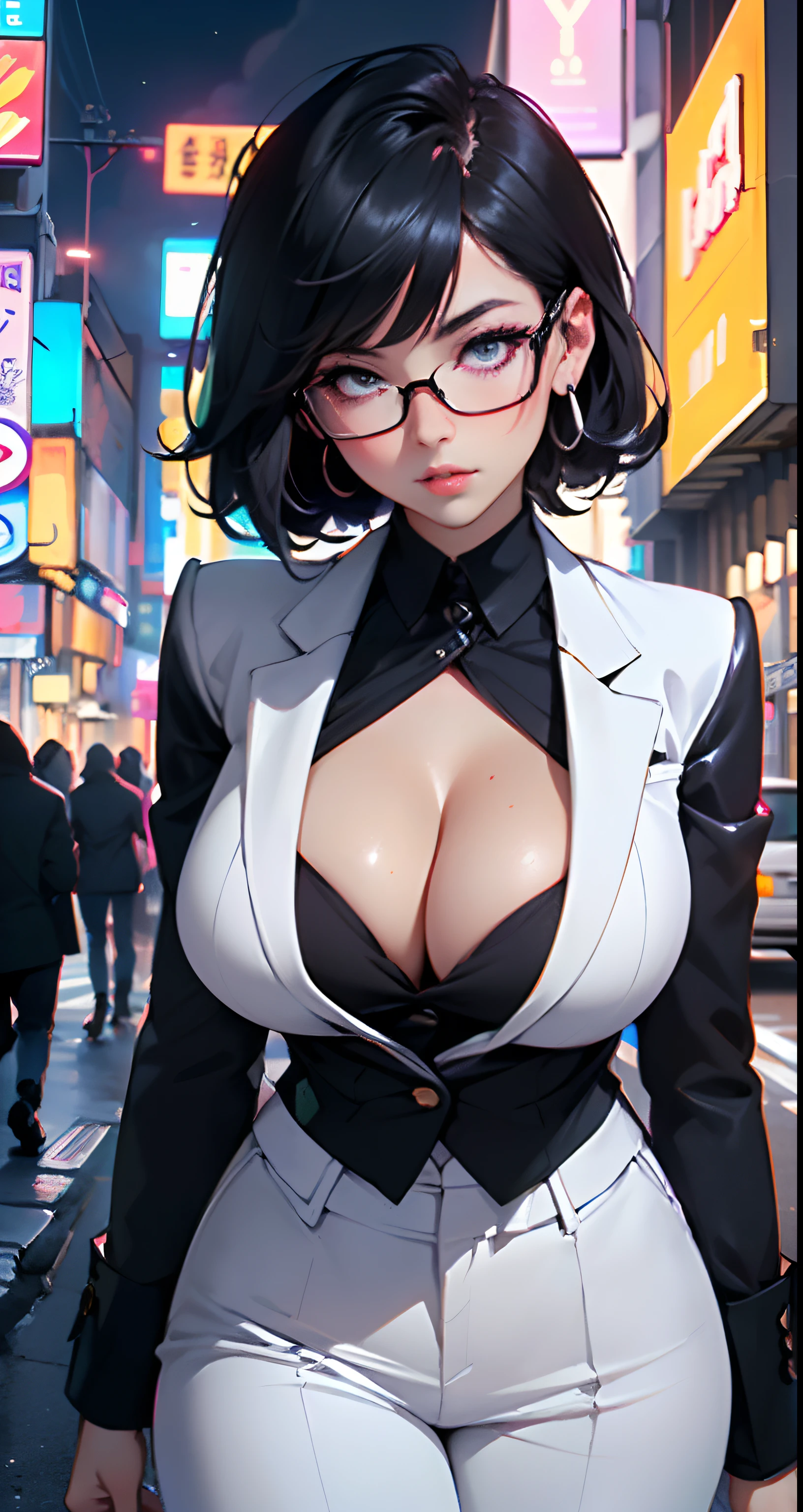 cute girl,(((1girl))),((anime girl with extremely cute and beautiful black hair walking seductively down the street)),
(Large breasts:1.4),(((black hair:1.35,colored inner hair,ear breathing,large hair,tomboy haircut))),((green eyes,perfect eyes,upturned eyes:1.3,beautiful detailed eyes,finely detailed beautiful eyes:1,big highlight on eyes:1.2,slanted eyes)),((fat)),((lustrous skin:1.5,bright skin: 1.5,skin tanned,shiny skin,very shiny skin,shiny body,plastic glitter skin,exaggerated shiny skin))),(spider lower abdomen,narrow waist,wide hip,athletic body,inflated legs,delicate detailed fingers,detailed body,detailed arms,human hands,(detailed face)),
cute,slutty,seductive,erotic,(((nsfw))),
((((glasses)))),(((wearing white formal blazer,black formal pants,))),(((huge cleavage))),(detailed outfit,detailed clothes),
(dynamic pose:1.0),solo focus,embarrassed,centered,scale to fit dimensions,Rule of thirds,
outdoors,((night view)),(very pretty city neon synthwave,cyberpunk night street Background:1.5,dark sky,thick clouds),future vehicles,((neon lights)),thick clouds,(cyberpunk style,neon lights, (synthwave theme background), lonely street),(((detailed background:1.25))),
(best quality),(high resolution),(sharp focus),(ultra detailed),(extremely detailed),(extremely high quality artwork),8k_wallpaper,(extremely detailed CG 8k),(very fine 8K CG),((hyper super ultra detailed perfect piece)),flawless,(((masterpiece))),illustration,vibrant colors,(intricate),High contrast,Selective lighting,Double exposure,HDR (High Dynamic Range),Post-processing,Background blur,
