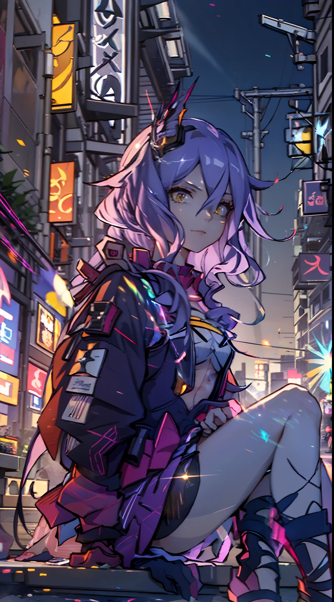 Noite, Fundo colorido da cidade cyberpunk, menina de rua, sirin,honkai impact, olhos azuis, olhos brilhantes, Meias pretas, retroiluminado, brilhar, Surveying the audience, Low angle lens, olhando para cima lente, perfect composition, delicadeza perfeita de luz e sombra, 8k