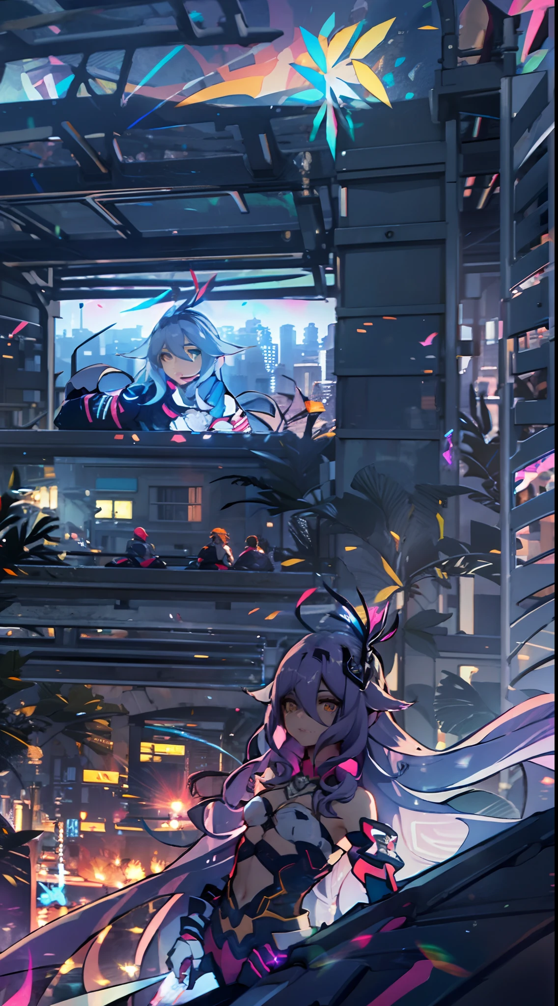 Noite, Fundo colorido da cidade cyberpunk, de rua, sirin,honkai impact, olhos azuis, olhos brilhantes, Meias pretas, retroiluminado, brilhar, Surveying the audience, Low angle lens, olhando para cima lente, perfect composition, delicadeza perfeita de luz e sombra, 8k