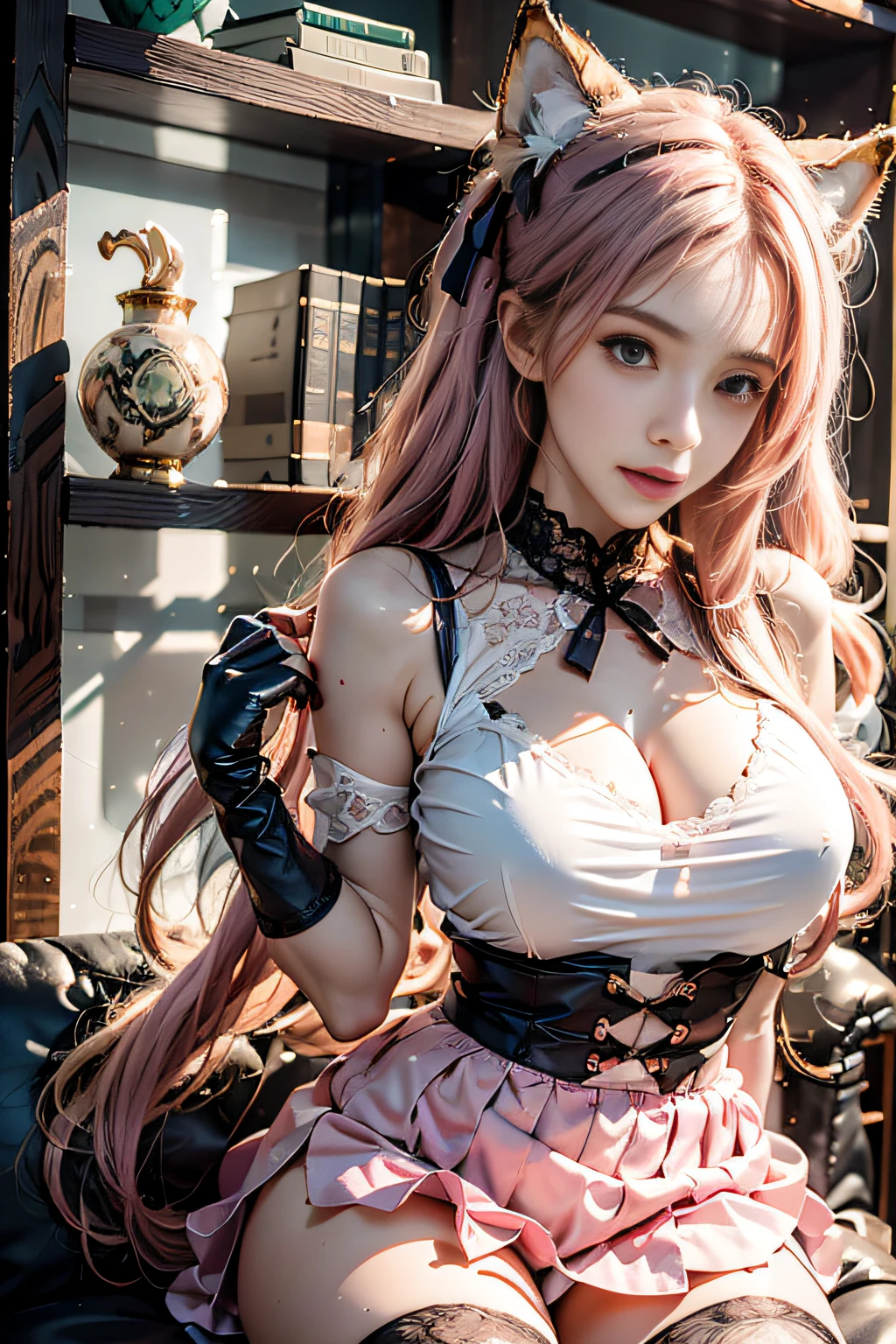 gentlesoftlighting, 1girll, 独奏, Sat down, (starrysky, the night, 城市), (pink garter:1.2),thigh high,pink garter,(Huge_Breasts:1.4), fox ear, (subsurfacescattering), long whitr hair, Pink skinny dress,shighleg leotard, Frilled tight skirt, Pink decoration,Black sofa, messy hair, Pink hair, gloves on the elbow, see-through transparent clothes, janelas, bookshelves, lace neck garter,white bows,pink ribbons
