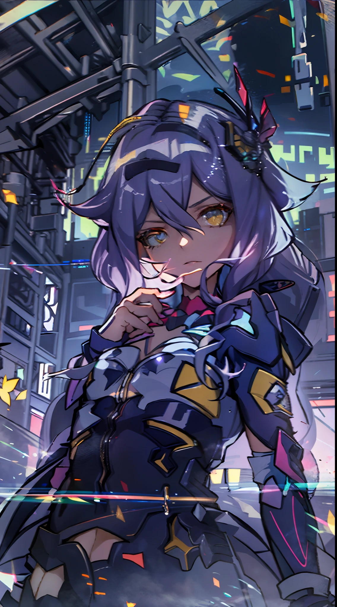 Noite, Fundo colorido da cidade cyberpunk, ****** de rua, sirin,honkai impact, olhos azuis, olhos brilhantes, Meias pretas, retroiluminado, brilhar, Surveying the audience, Low angle lens, olhando para cima lente, perfect composition, delicadeza perfeita de luz e sombra, 8k