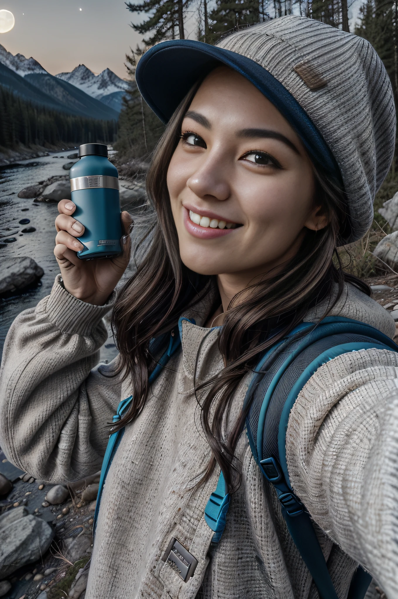 VeronicaCipher ((upper body selfie, happy)), masterpiece, best quality, ultra-detailed, solo, outdoors, (night), mountains, nature, (stars, moon) cheerful, happy, backpack, sleeping bag, camping stove, water bottle, mountain boots, gloves, sweater, hat, flashlight, forest, rocks, river, wood, smoke, shadows, contrast, clear sky, analog style (look at viewer:1.2) (skin texture) (film grain:1.3), (warm hue, warm tone) :1.2), close up, cinematic light, sidelighting, ultra high res, best shadow, RAW, upper body, , wearing pullover
kodak vision 3,