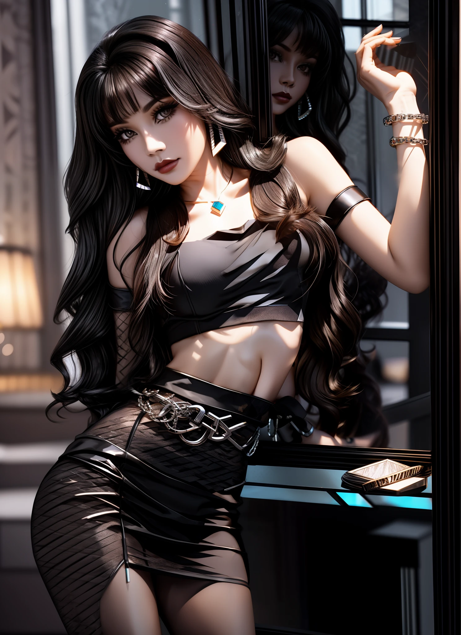 model: Long wavy black hair, Full, dark lips, Smoky eyes, Break, Setting: Black-lit room, Broken glass, Crystals reflect light, Neon lights, Break, bodypaint: Multi-colored geometric pattern, Torso cap, Arms and legs, Break, Accessories: Body chrome plated break chain, silver necklace, Black feathers White black wings, Break, lewd poses: Crouching, The head is tilted upwards, expecting.