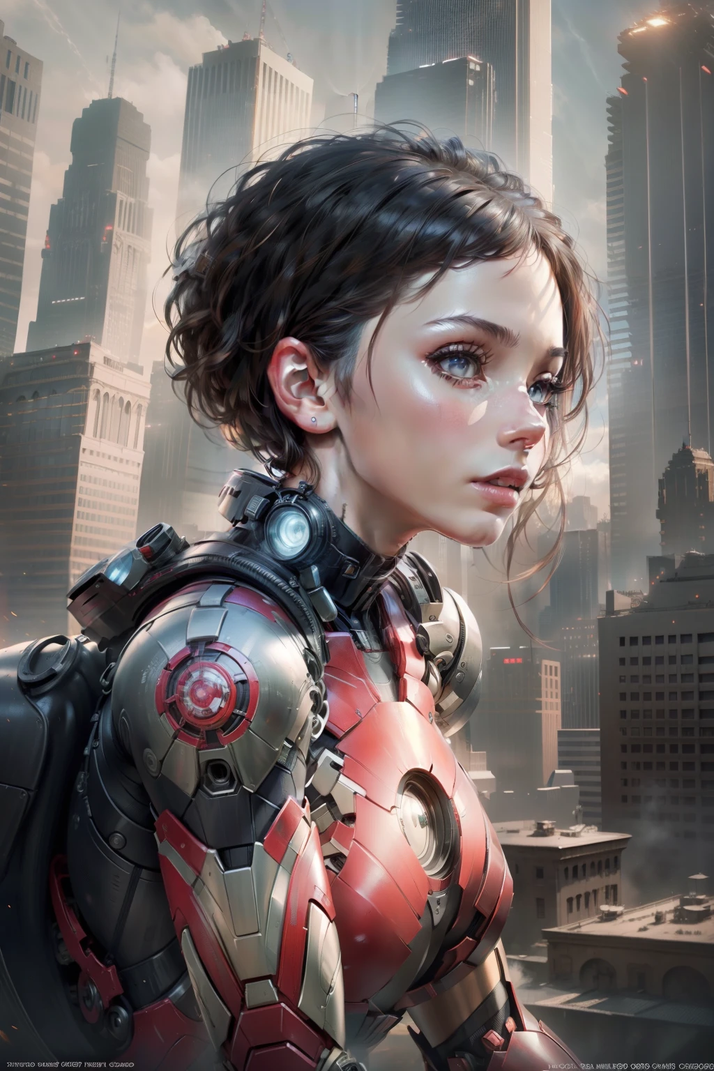 (1girl: 1.3), solo, __body-parts__, official art, unity 8k wallpaper, ultra detailed, beautiful and aesthetic, beautiful, masterpiece, best quality, RAW, masterpiece, super thin photo, best quality, super high resolution, photorealistic, sunlight, full body portrait, incredibly beautiful,, dynamic pose, delicate face, vibrant eyes, (side view), she is wearing a futuristic Iron Man mech, red and gold, Highly detailed abandoned warehouse background, detailed face, complex background detailed busy, messy, gorgeous, milky, highly detailed skin, realistic skin details, visible pores, sharp focus, volumetric mist, 8k uhd, DSLR camera, high quality, film grain, light skin, photorealism, lomography, expanding metropolis in a futuristic dystopia, view from below, translucent