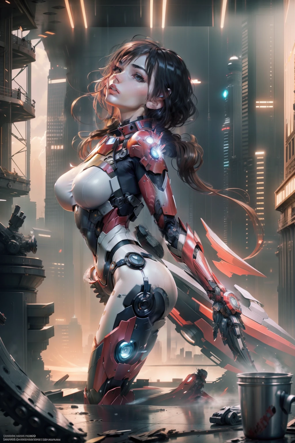 (1girl: 1.3), solo, __body-parts__, official art, unity 8k wallpaper, ultra detailed, beautiful and aesthetic, beautiful, masterpiece, best quality, RAW, masterpiece, super thin photo, best quality, super high resolution, photorealistic, sunlight, full body portrait, incredibly beautiful,, dynamic pose, delicate face, vibrant eyes, (side view), she is wearing a futuristic Iron Man mech, red and gold, Highly detailed abandoned warehouse background, detailed face, complex background detailed busy, messy, gorgeous, milky, highly detailed skin, realistic skin details, visible pores, sharp focus, volumetric mist, 8k uhd, DSLR camera, high quality, film grain, light skin, photorealism, lomography, expanding metropolis in a futuristic dystopia, view from below, translucent