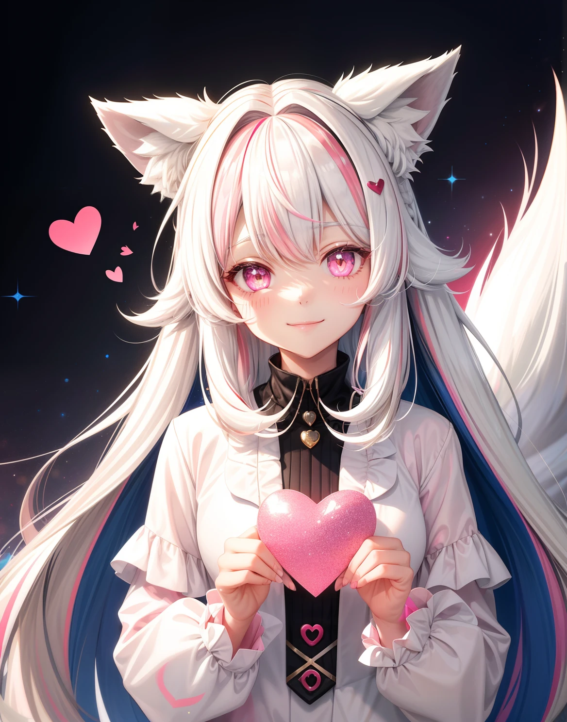 ((girl wolf)) ((white hair pink streaks)) shy smile various sizes bright red hearts around, cute heart, glitter powder, picture perfect, space background